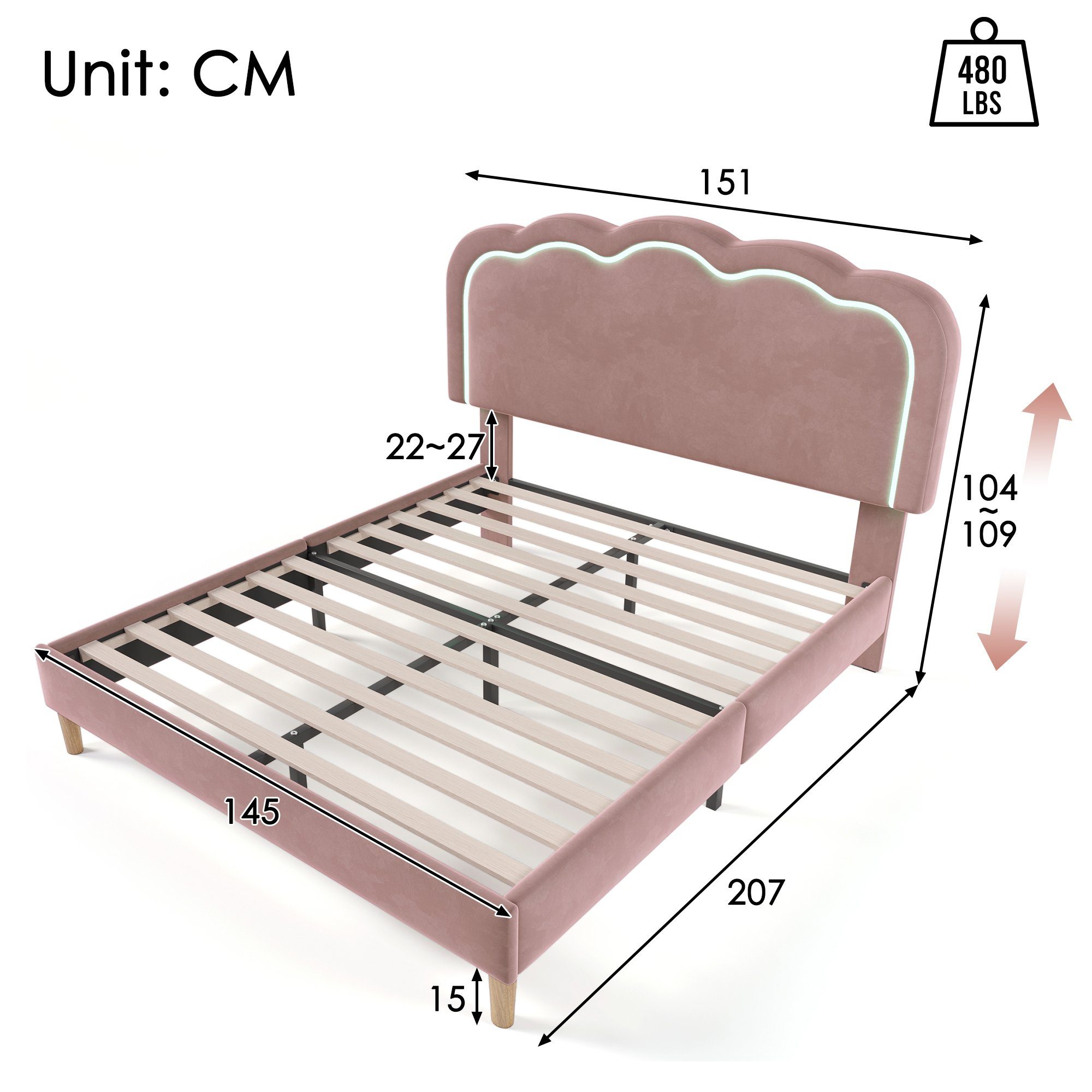 Polsterbett (LED Doppelbett), mit Lattenrost & Verstellbares Kopfteil in Puff-Form, 140x200cm, Samt