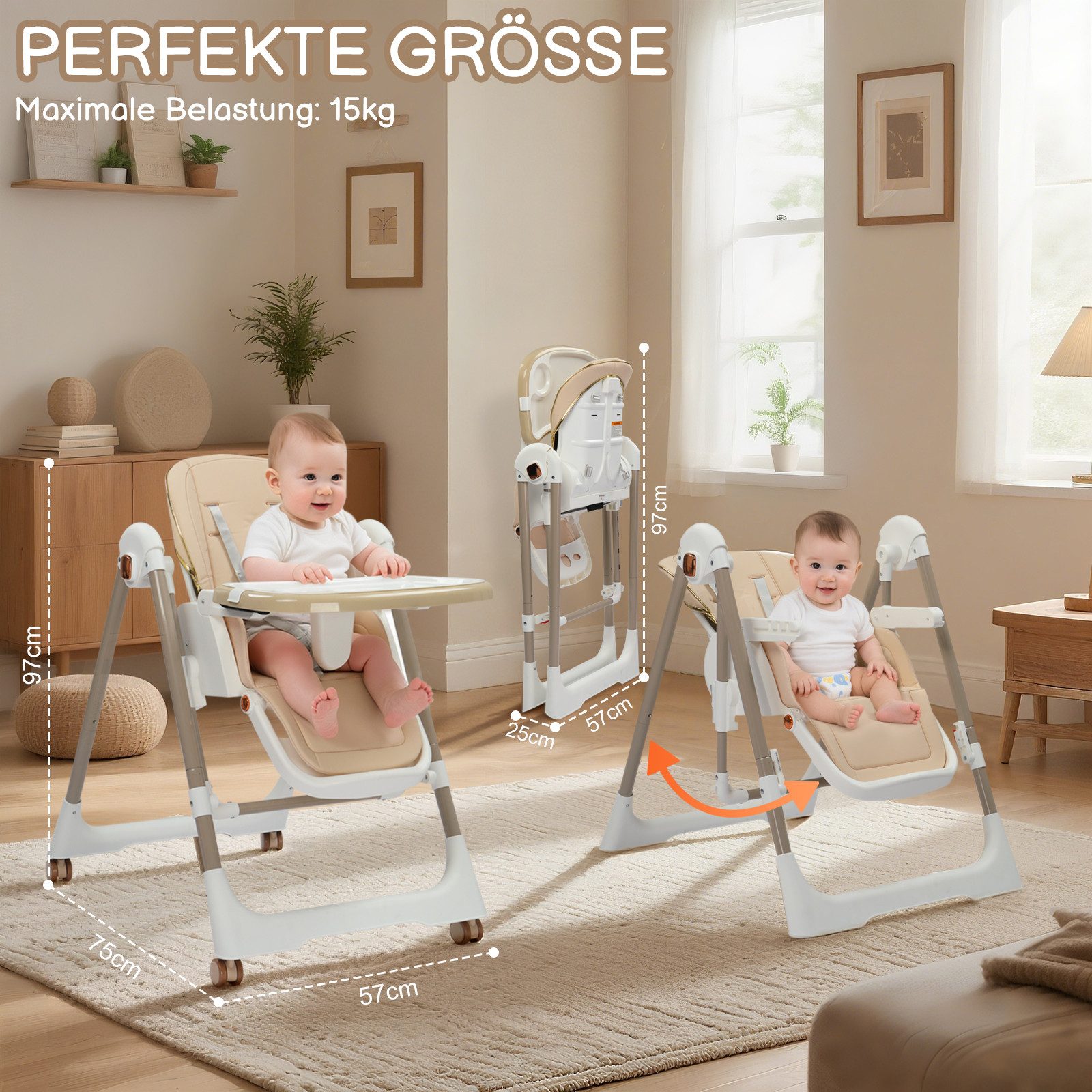 LALAHO Kinderstuhl Kinderklappstuhl Stuhl Baby Klappbar mit Esstablett, Babyliege Höhenverstellbar, Räder Klappbar