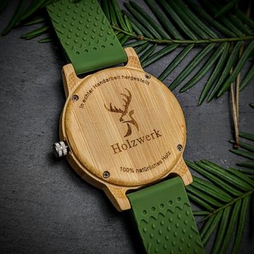 Holzwerk Quarzuhr WIESENTAL Damen Holz Uhr mit Silikon Armband & Blumen Muster, grün