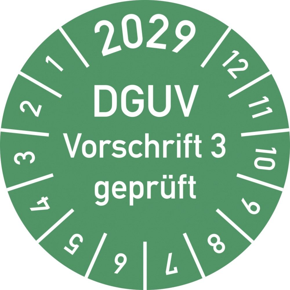 Hinweisschild Prüfplakette 2029 DGUV Vorschrift 3 geprüft, Folie, Ø 30 mm, 10 Stück/