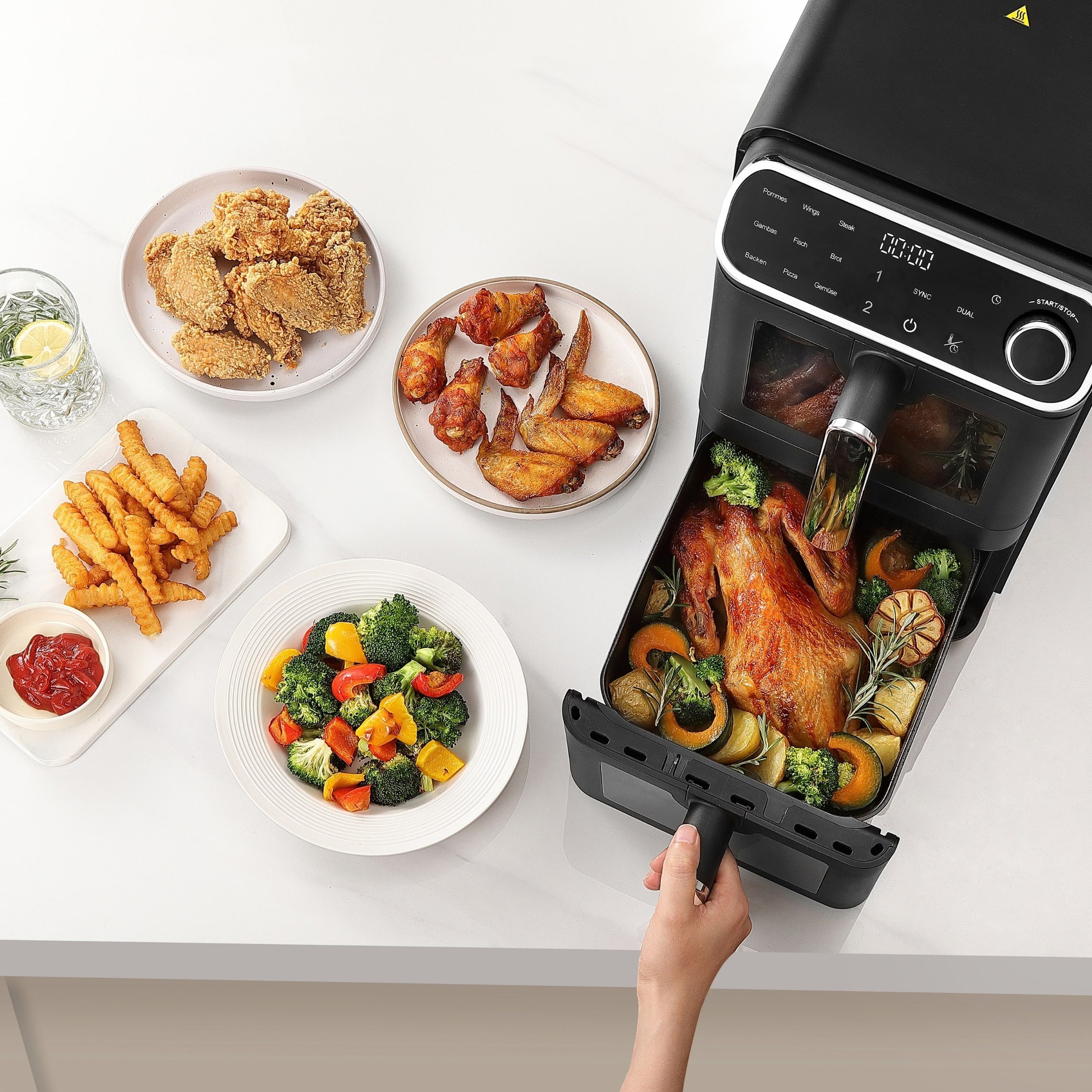 Oleio Heißluftfritteuse Oleio Maestro Vertikaler TwinFryer 11L, 2460 W, Vertikal Dual Kammer Airfryer 2x 5,5 Liter 2460W