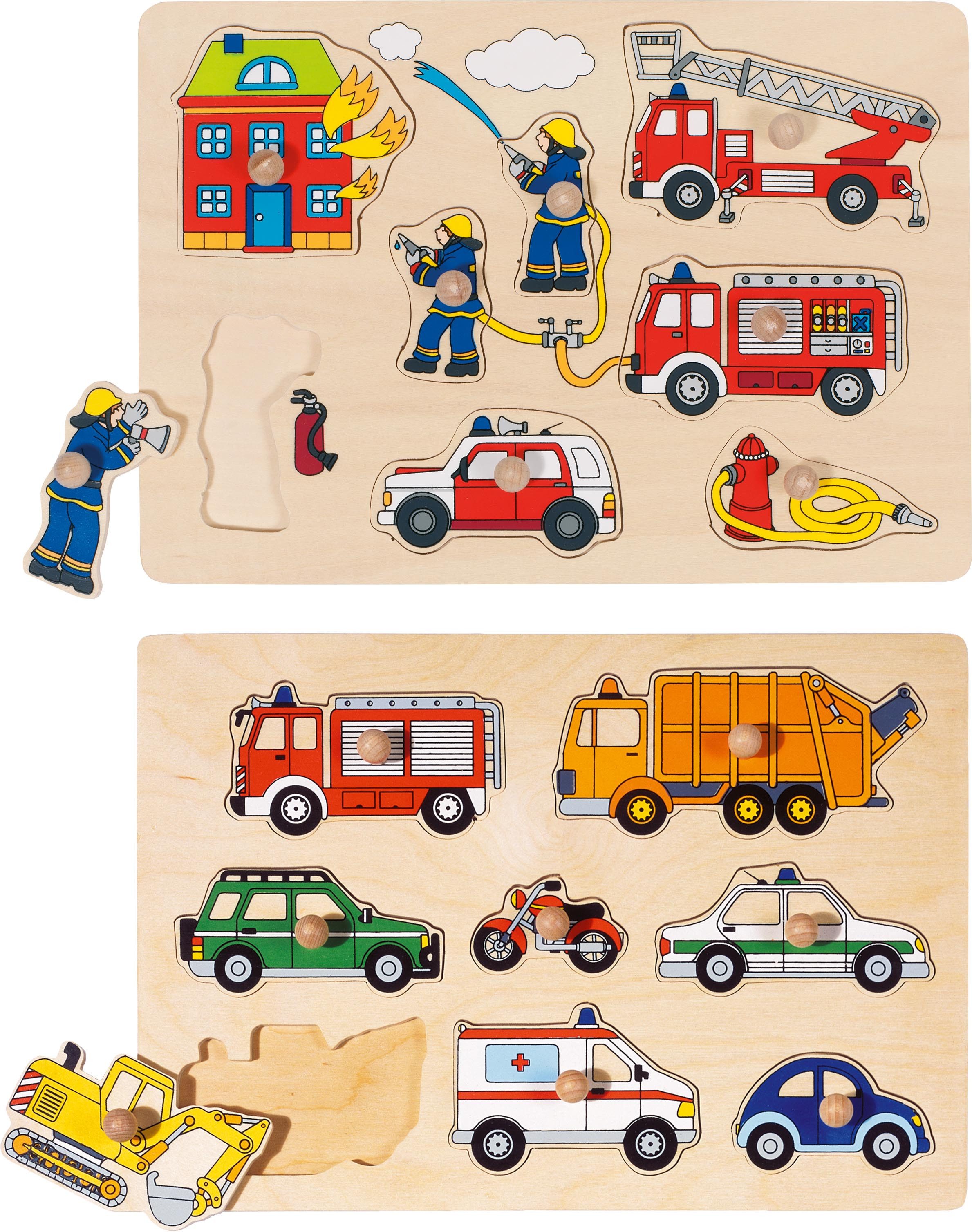 goki Steckpuzzle 2er Holzpuzzle-Set: Feuerwehr + Verkehrsmittel, Puzzleteile