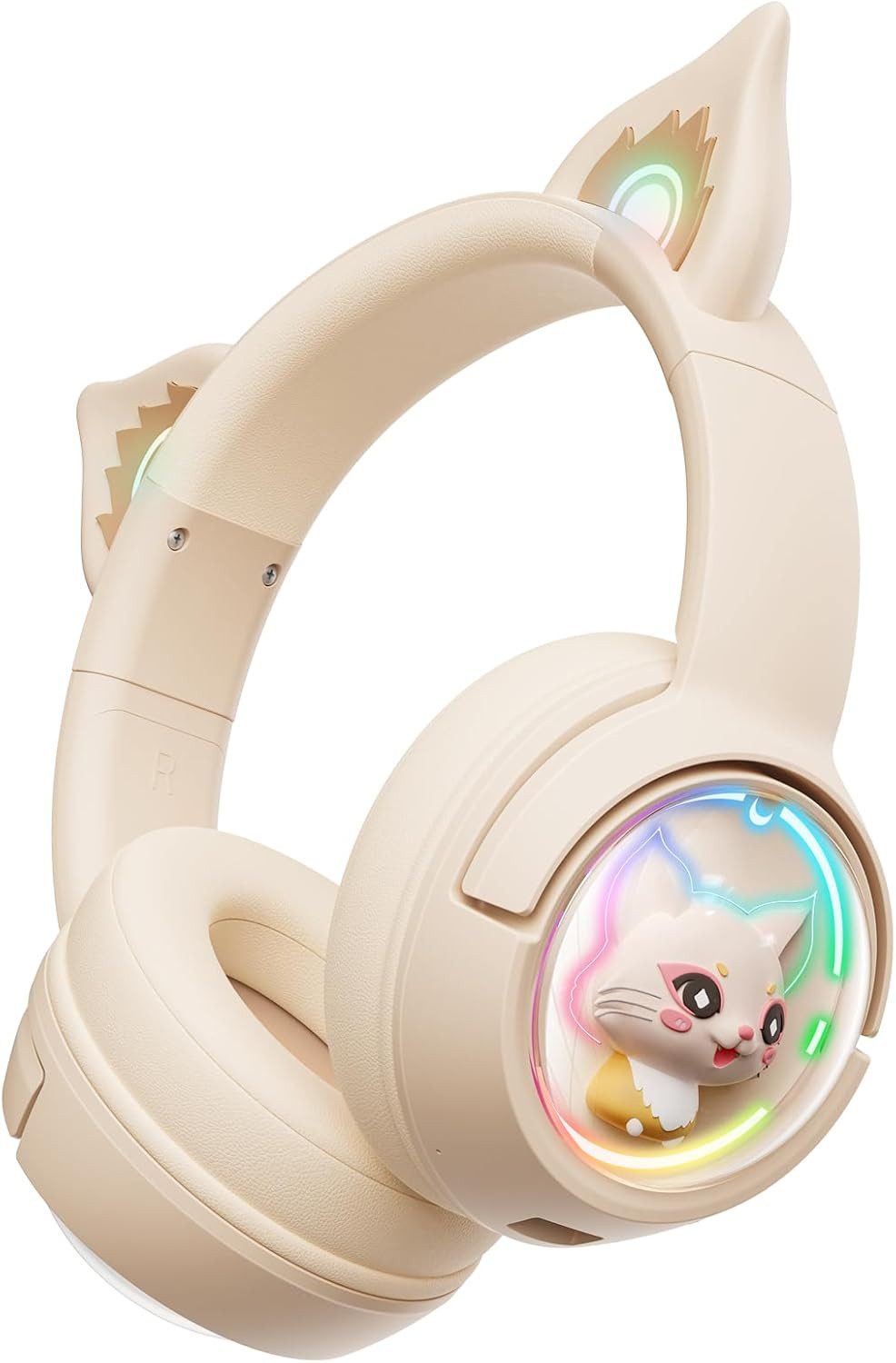 Forrlite Bluetooth-Kopfhörer, Over-Ear Kopfhörer, Noise Cancelling Kopfhörer Gaming-Headset (Bluetooth Kopfhörer mit Geräuschunterdrückung für Katzenohren 55 Stunden Spielzeit, With 3.5mm Wired Mode for Audio Only, Over-Ear-Kopfhörer mit RGB-Lichtern)