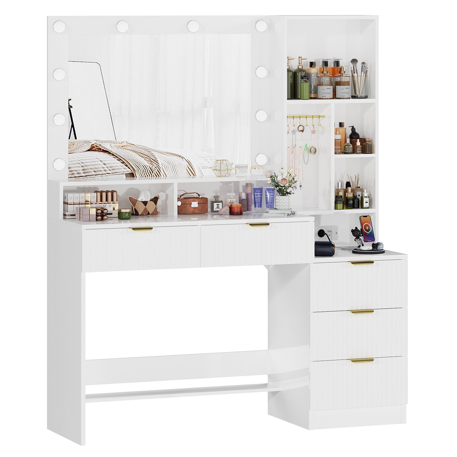 Furnicopia Schminktisch Einstellbare LED-Beleuchtung Fünf Schubladen und si günstig online kaufen