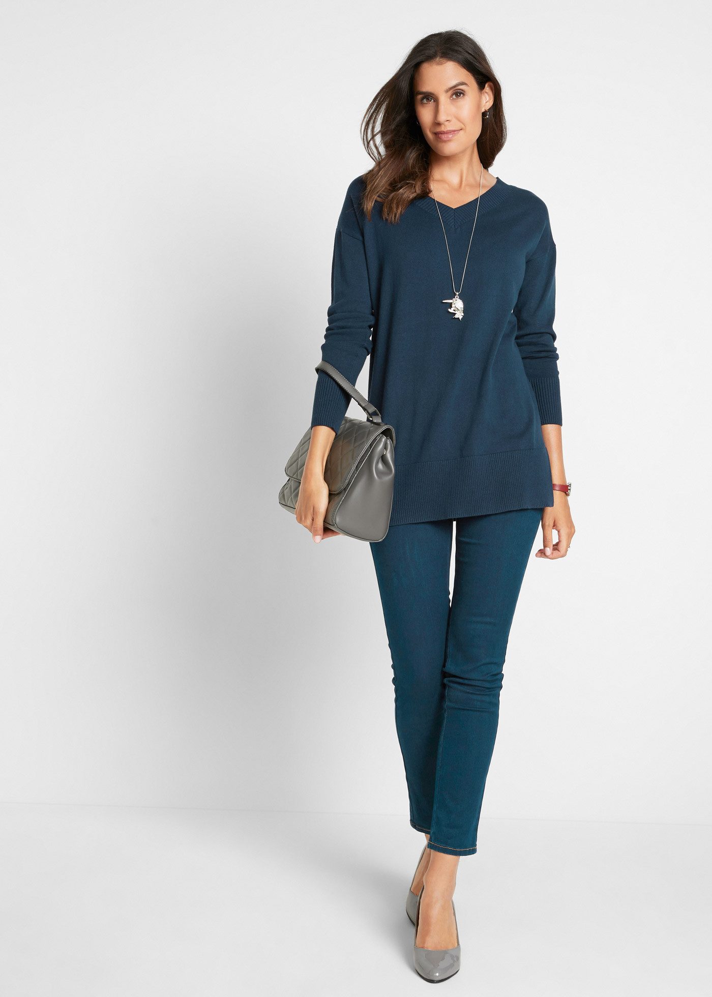 bonprix Longpullover Feinstrick-Baumwollmischung, mit V-Ausschnitt, mit Seitenschlitzen