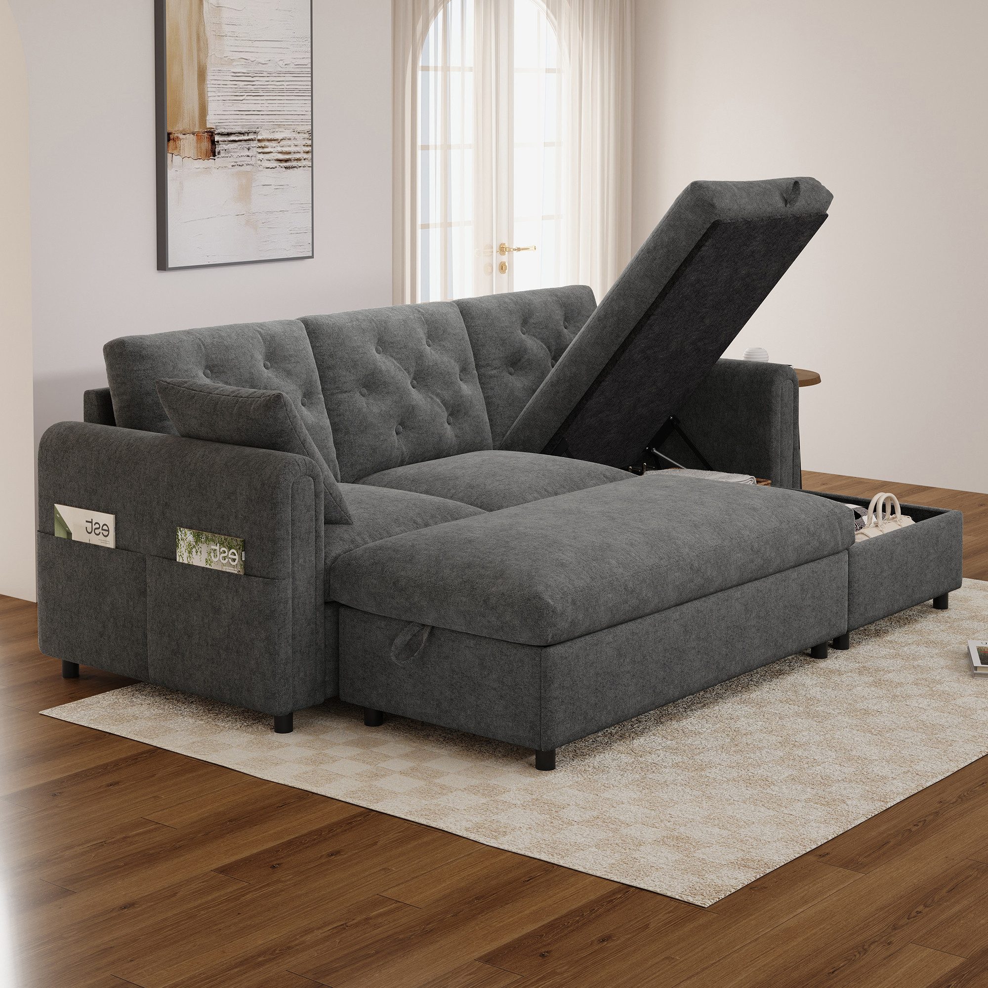 Flieks Ecksofa mit Schlaffunktion & Bettkasten, Chaiselongue links/rechts wechselbar, 219×131×86 cm, L-Form 3-Sitzer Schlafsofa inkl. Hocker mit Stauraum Samt Grau