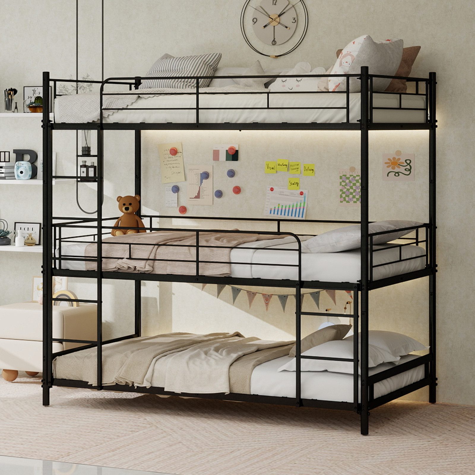 ANYSUN Etagenbett Schweres Dreifach-Rahmenbett,Kinderbett Metallbett (Dreierbett 90x200cm mit eingebauter Leiter und durchgehendem Geländer), bodensicher für Kinder/Jugendliche/Erwachsene, Schlafzimmer/Schlafsaal