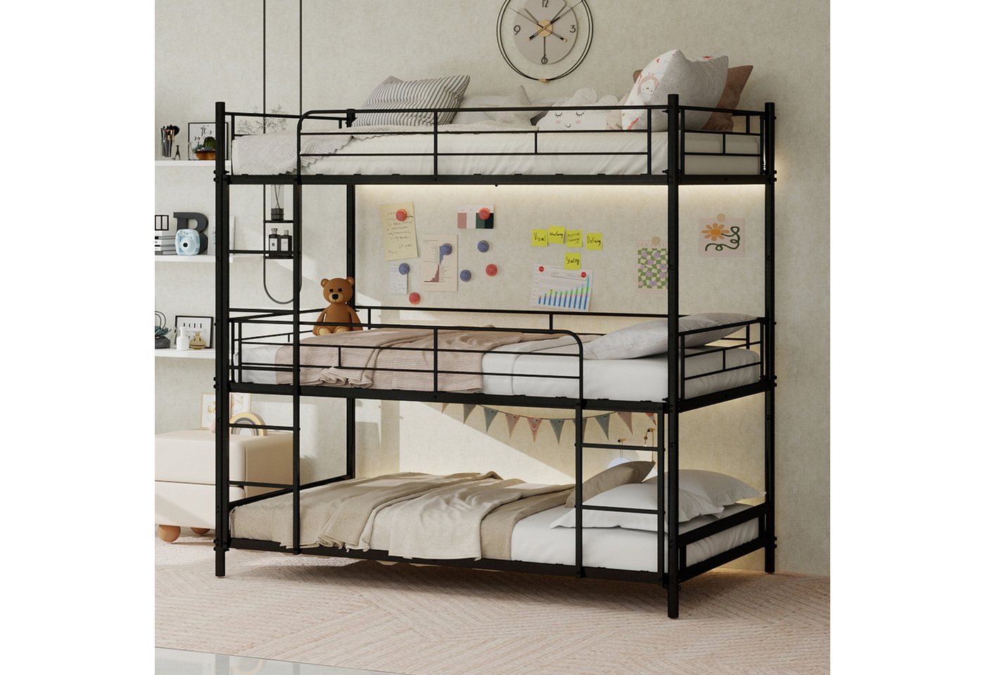 ANYSUN Etagenbett Schweres Dreifach-Rahmenbett,Kinderbett Metallbett (Dreierbett 90x200cm mit eingebauter Leiter und durchgehendem Geländer), bodensicher für Kinder/Jugendliche/Erwachsene, Schlafzimmer/Schlafsaal