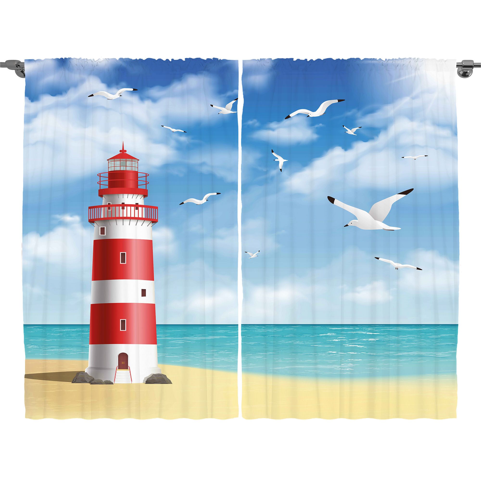 Abakuhaus Gardine Schlafzimmer Kräuselband Vorhang mit Schlaufen und Haken, Strand Leuchtturm Möwen Ozean
