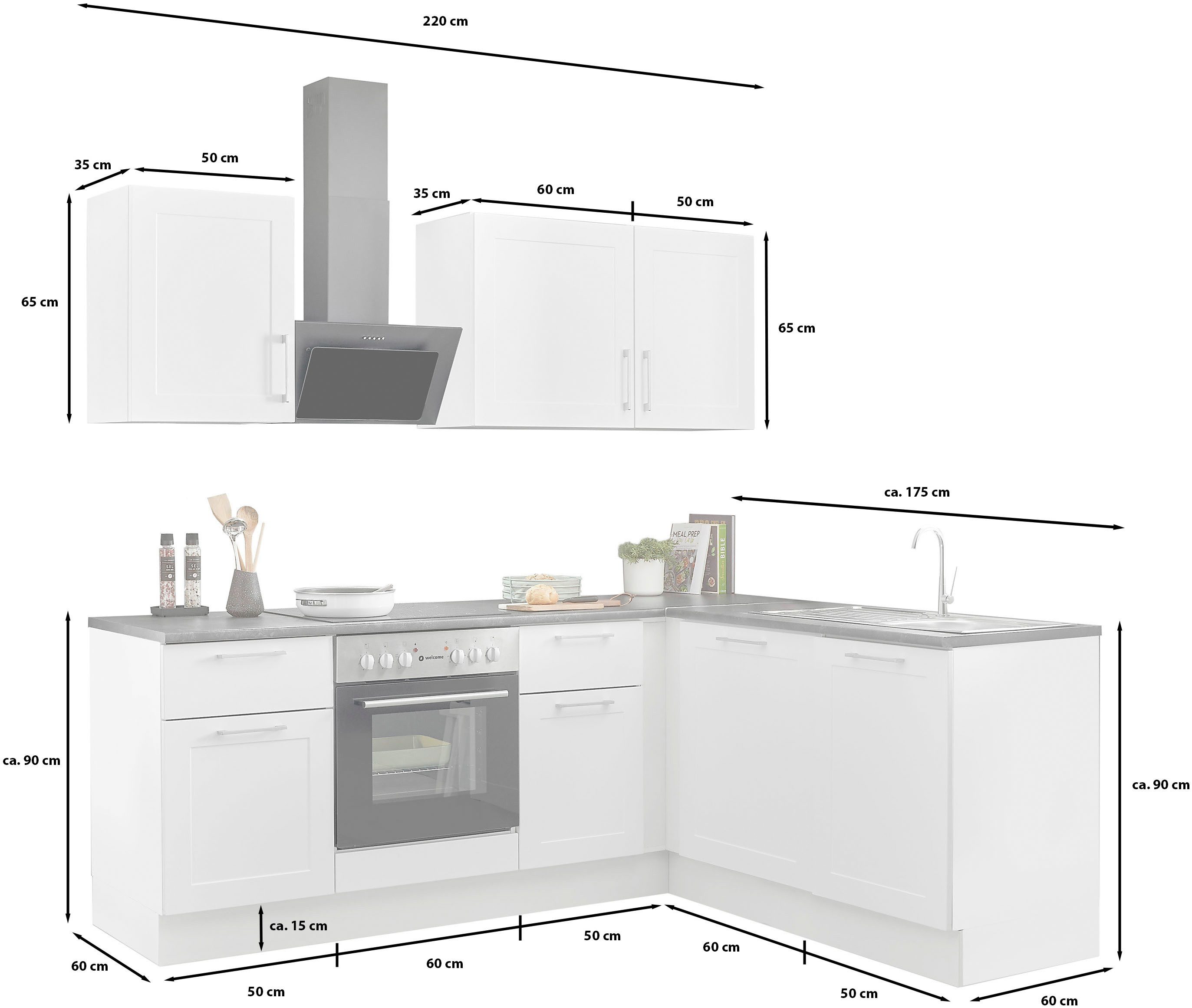 BASIC by Balculina Winkelküche Marsi, Stellmaße 220x175 cm, wahlweise mit E-Geräten, Soft-Close-Funktion