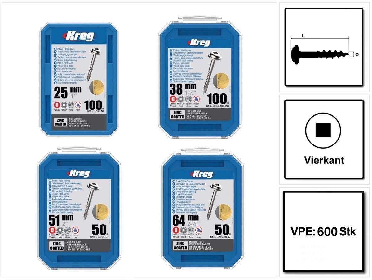 Kreg Schraube Pocket-Hole Linsenkopfschrauben SML-C Starter Set Maxi 600 Stk für de