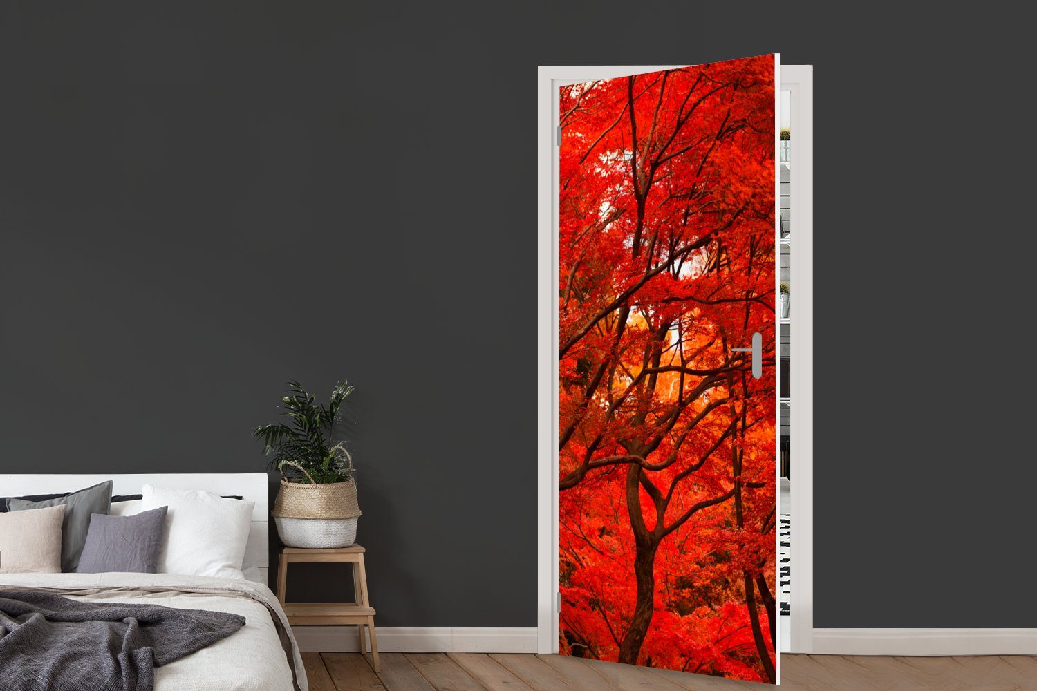 MuchoWow Türtapete bedruckt, Wald Türaufkleber, cm Matt, - 75x205 - Fototapete Tür, für Herbst St), Rot, (1