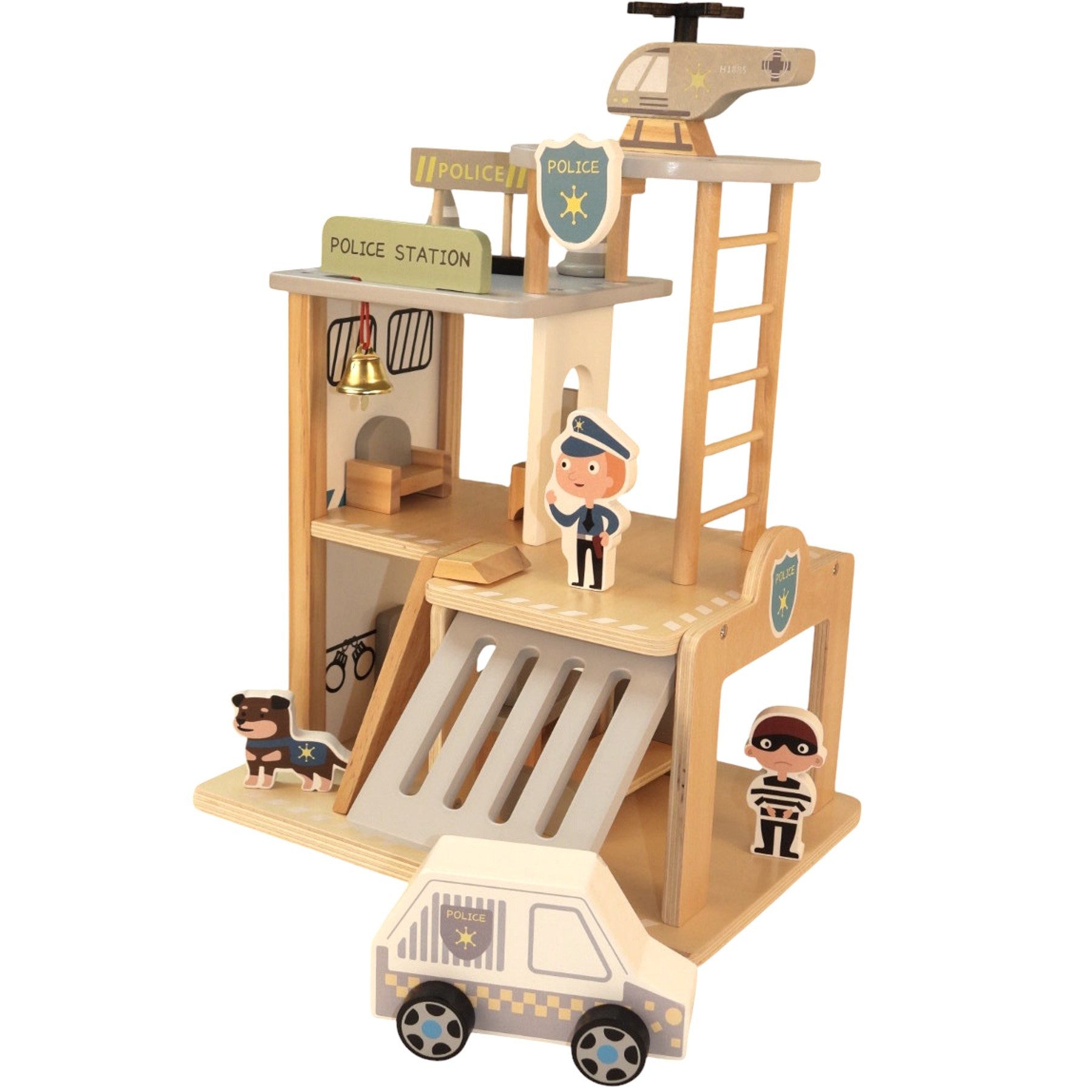 TikTakToo Spiel-Polizeistation Holz-Polizeistation-Spielset 3-stufig, mit Figuren Auto & Hubschrauber (18-tlg., 18-teiliges Set), komplettes Spiel-Set