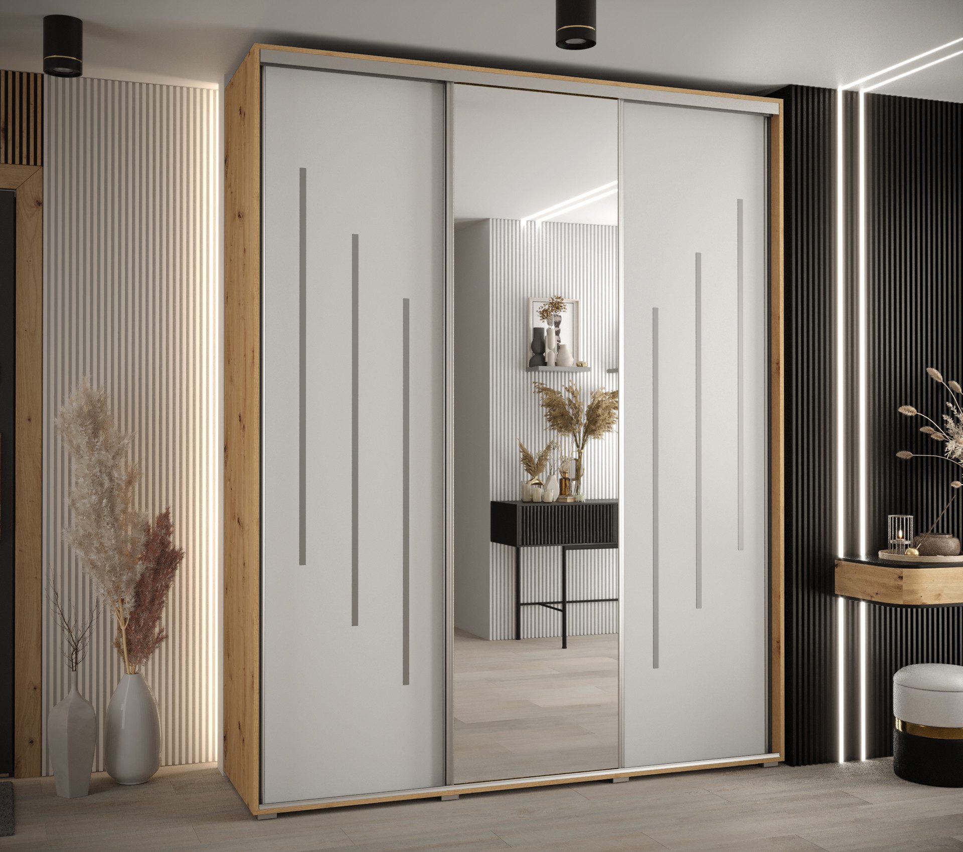 ABIKS MÖBEL Schwebetürenschrank Davos 9 Schlafzimmerschrank mit Spiegel, Kleiderstange und Regalen