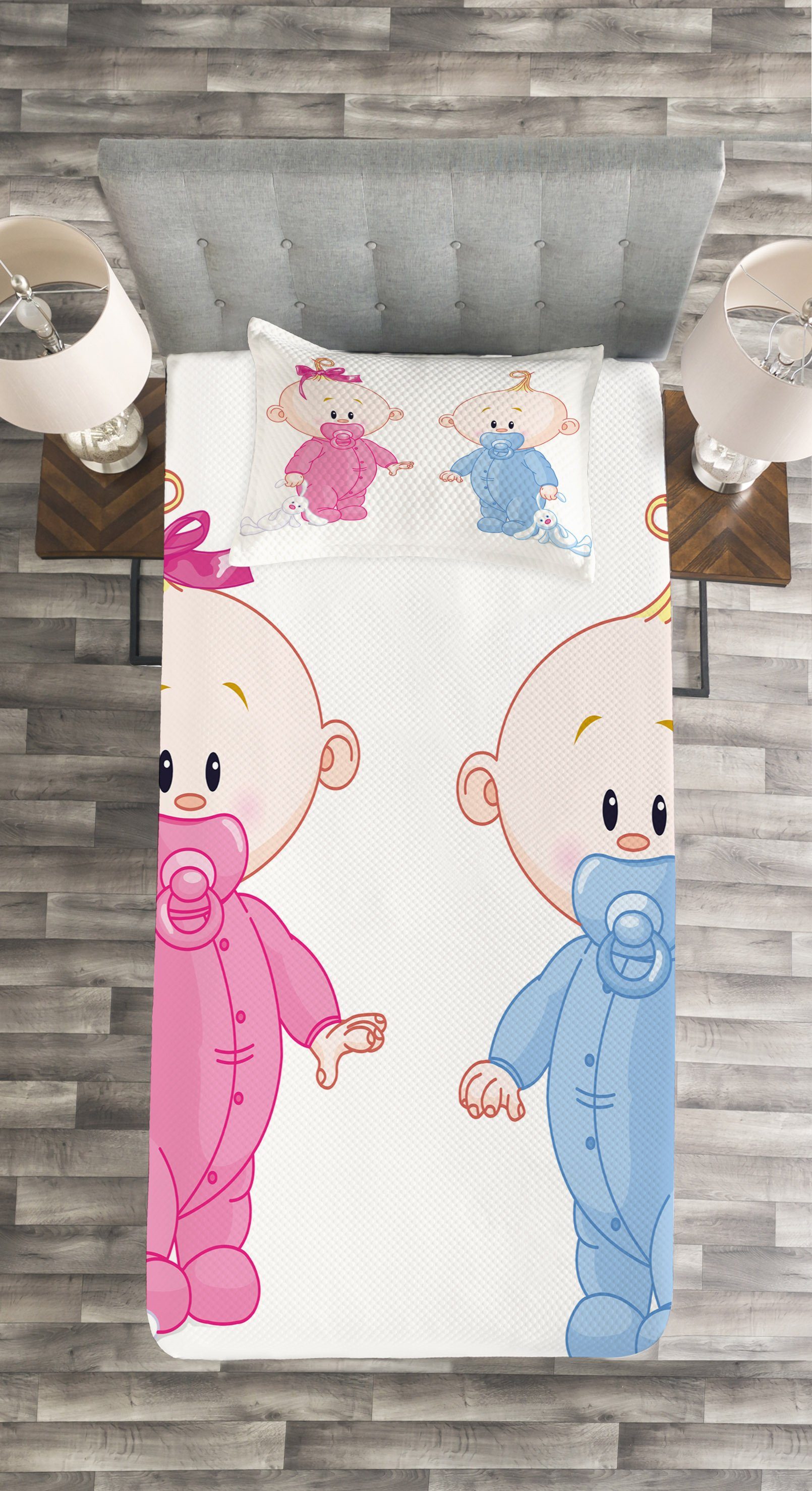 Abakuhaus, mit Rosa und Waschbar, Jungen-Mädchen-Häschen Tagesdecke Blau Kissenbezügen Set