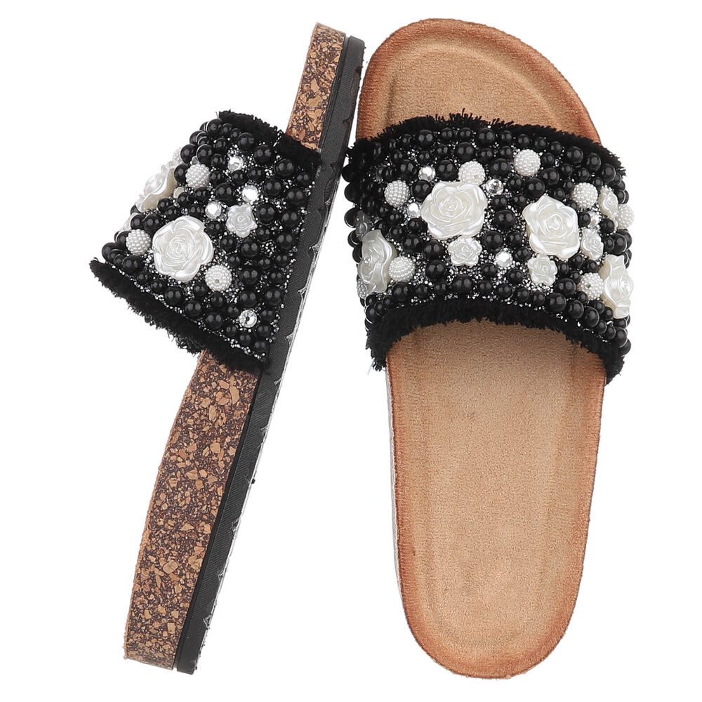 Ital-Design Feminine Damen-Sandalen mit Perlen und Blumendekor Pantolette (91512174) Flach Pantoletten in Schwarz