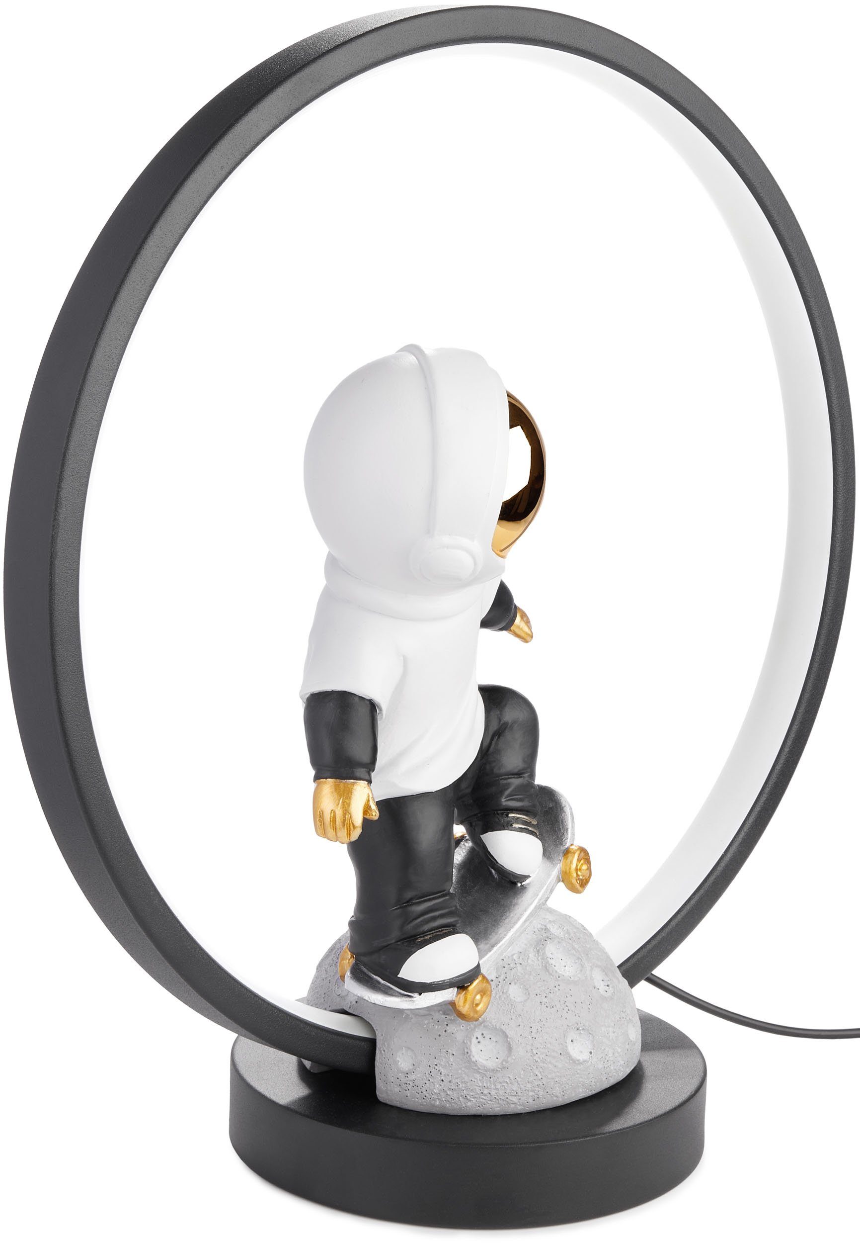 BRUBAKER LED Tischleuchte Astronaut - indirekter mit Skateboard Nachttischlampe - fest Tischlampe auf Beleuchtung Deko-Lampe Stecker, dem LED-Ring, 33 und Weltraum Moderne Handbemalte Skateboarder cm integriert, LED Mond mit USB-C