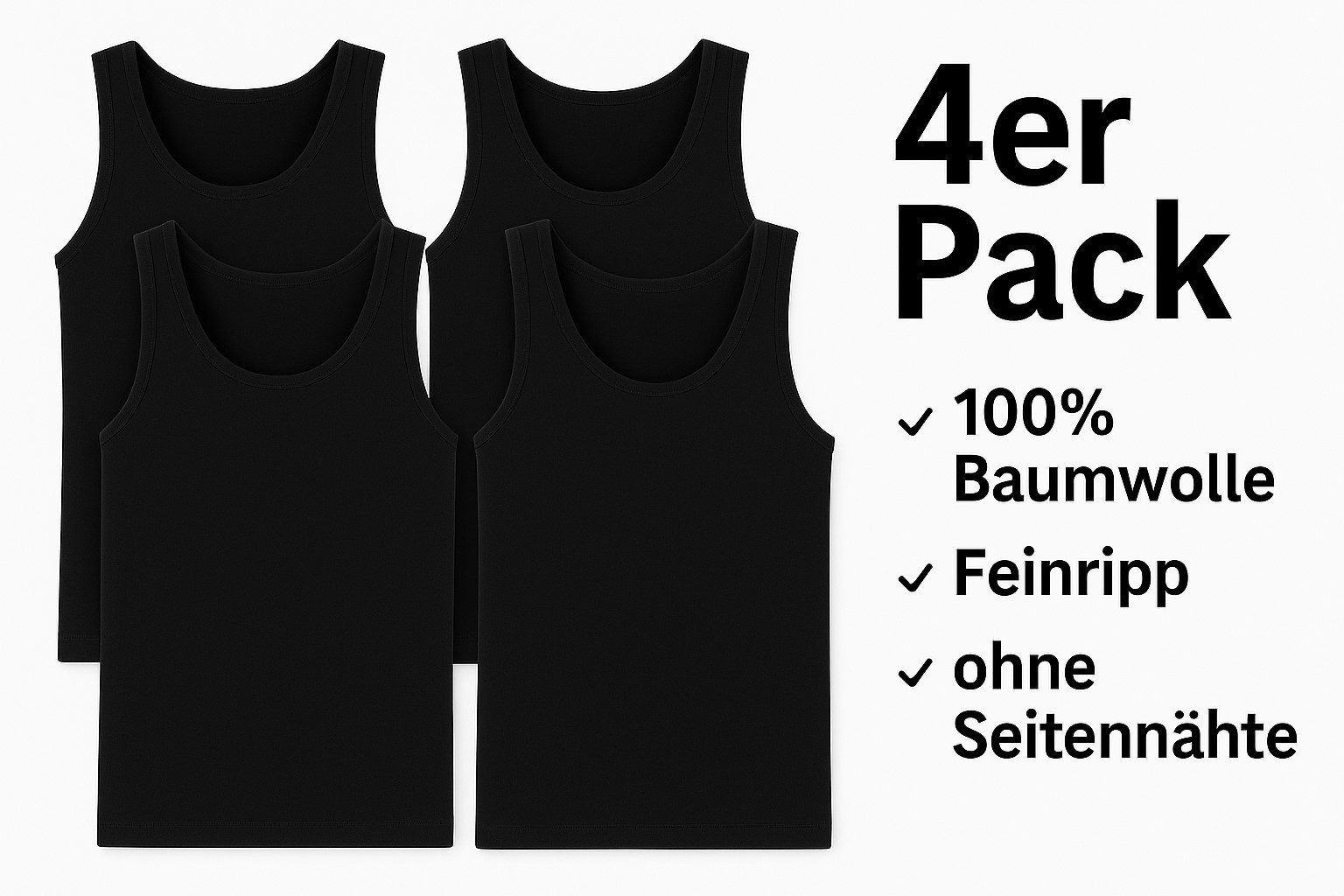 DDOnlineShop Unterhemd Tank Top – Achselshirt Schwarz – Größe M bis XXL (Spar-Set, 4-St., 4er-Pack) Feinripp-Premium Qualität