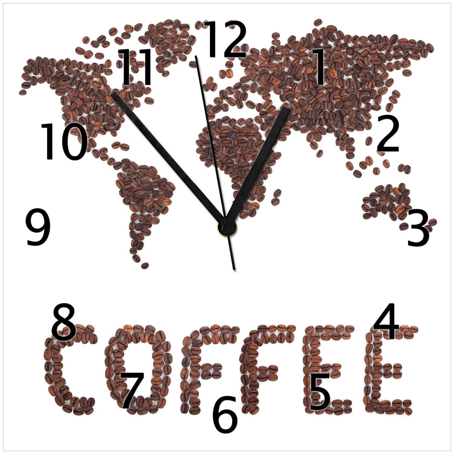 Wallario Wanduhr Weltkarte mit Schriftzug aus Kaffeebohnen (Glasuhr)