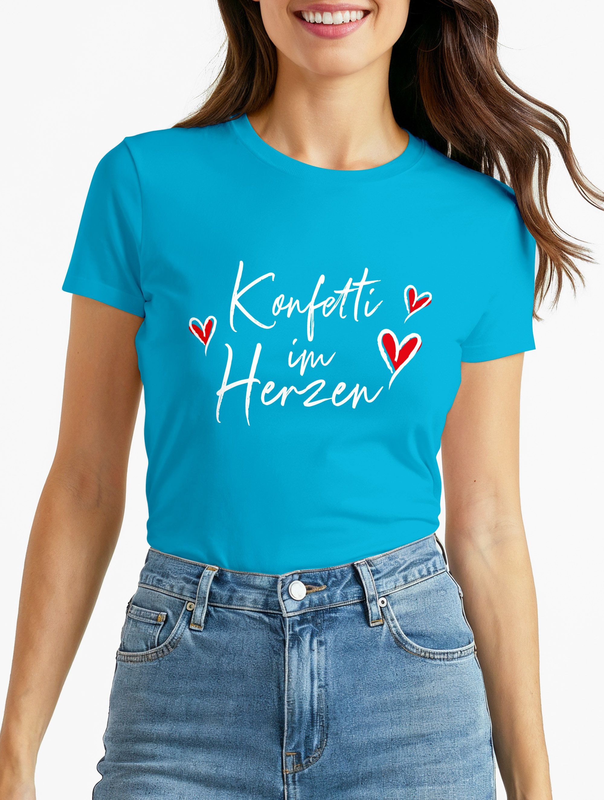 Print-Shirt Damen T-Shirt Fasching Karneval Spruch Konfetti Herz Kostüm-Ersatz