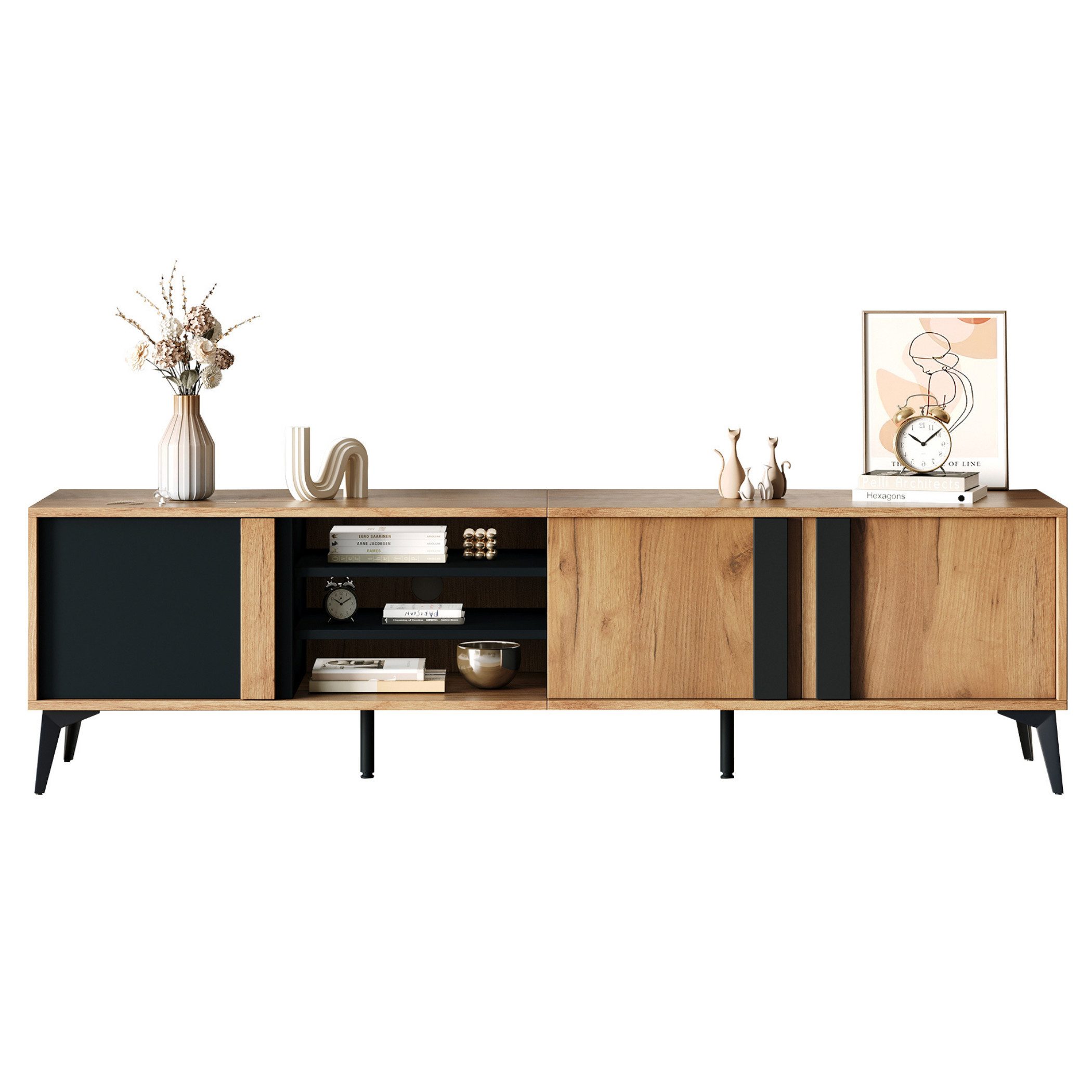 SeedWave Lowboard Kontrastfarbe TV-Schrank, Fernsehschrank mit 3 Türen, 3 Offene Fächern, Höhenverstellbare Mittebeine; Ein Loch für das Kabelmanagement