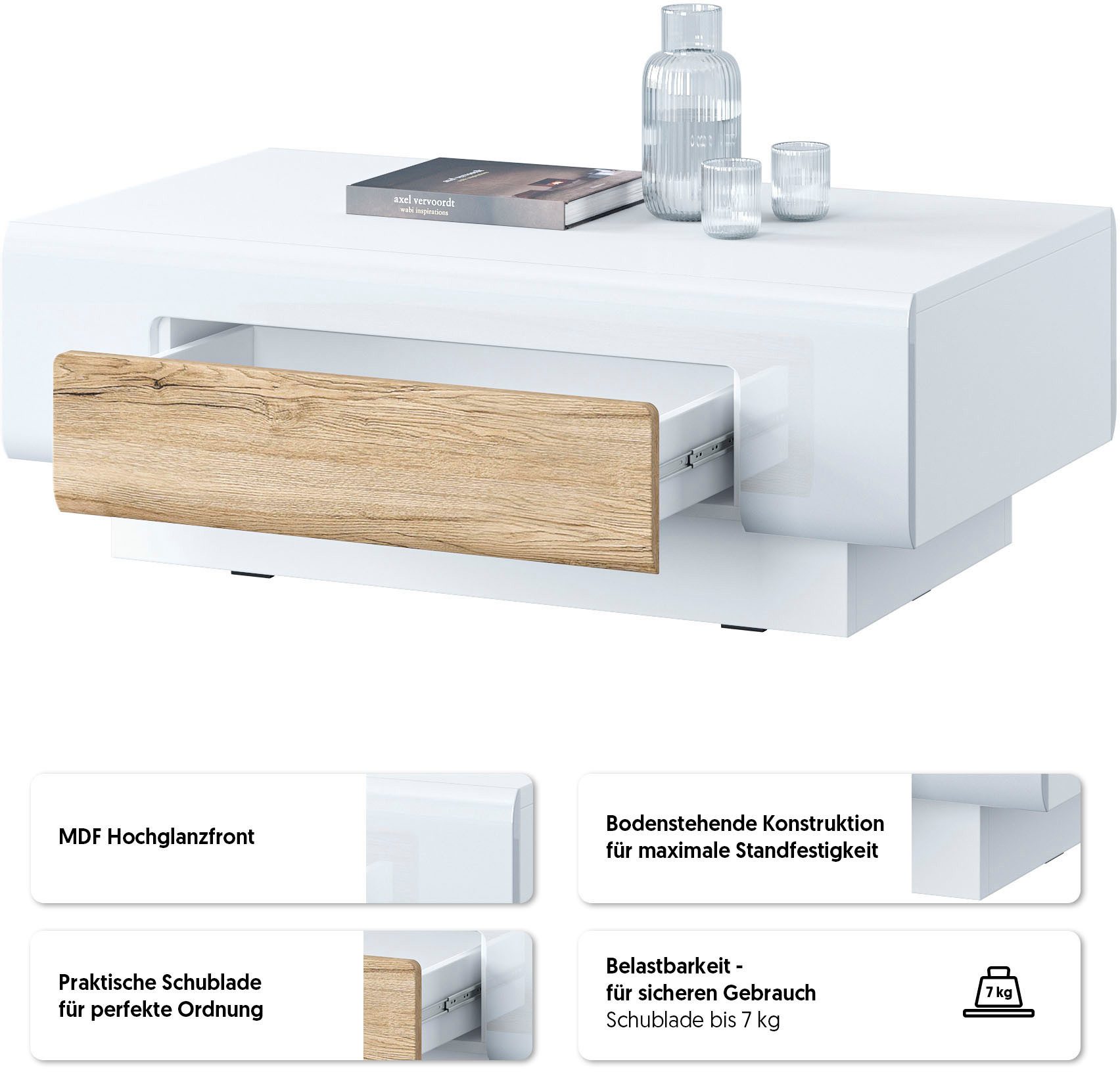 OTTO home Couchtisch Toledo,Breite 110cm eleganter Sofatisch mit Hochglanzelemente, Kaffeetisch mit 1 Schublade, Wohnzimmertisch
