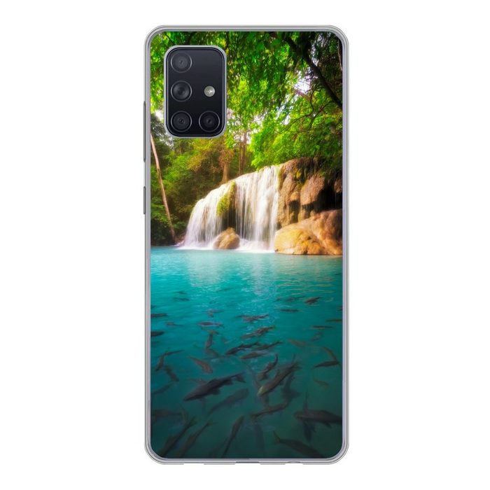 MuchoWow Handyhülle Angeln im Wasser im Erawan-Nationalpark mit Blick auf einen Wasserfall Handyhülle Samsung Galaxy A51 5G Smartphone-Bumper Print Handy