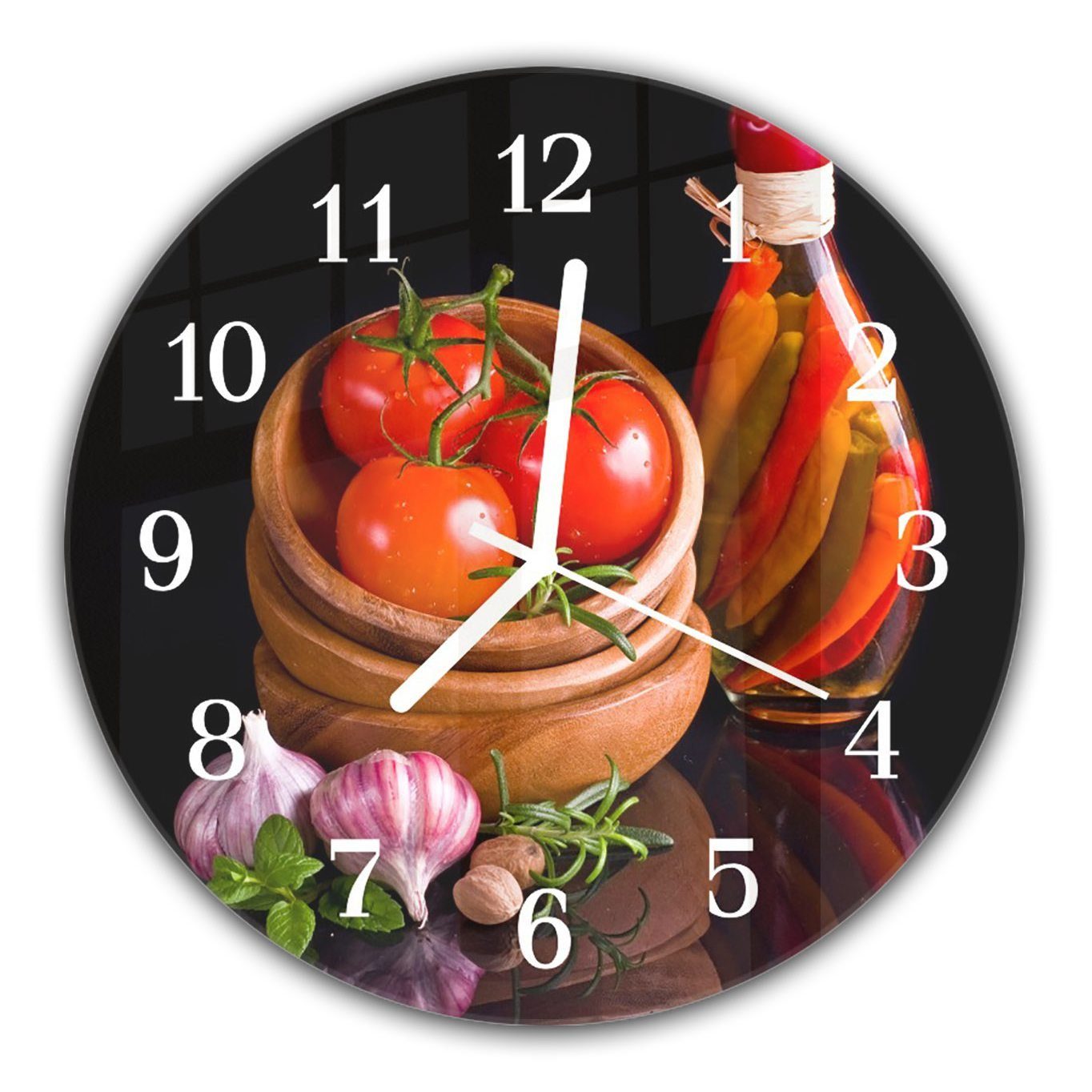 Primedeco Wanduhr Wanduhr - Durchmesser Topf Tomaten Motiv und Quarzuhrwerk Knoblauch mit Glas aus und Rund mit 30 cm im