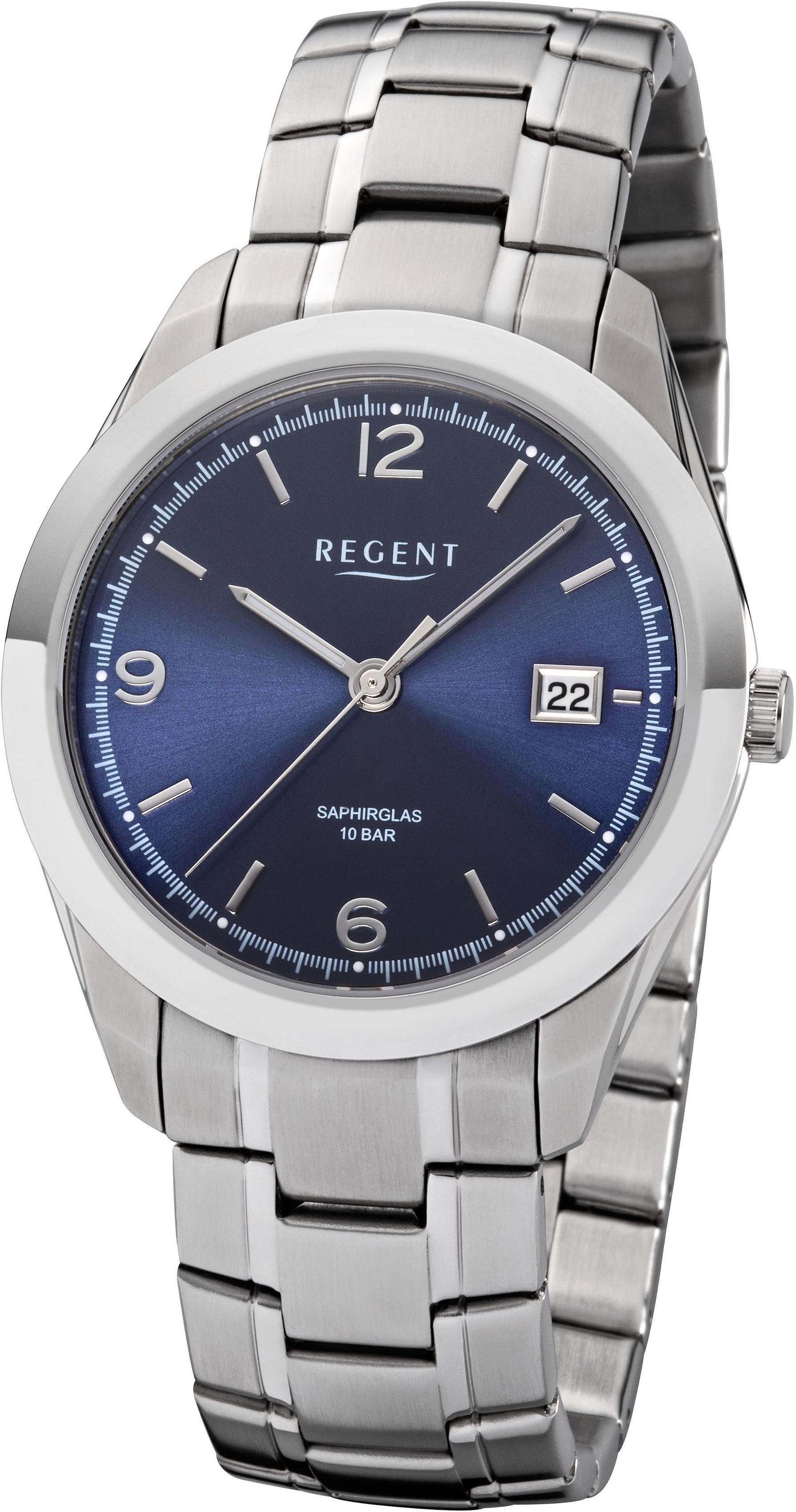 Regent Uhr Quarz, Metallarmband silber Metall rund, Armbanduhr Regent F-1193 Herren Quarzuhr Herren