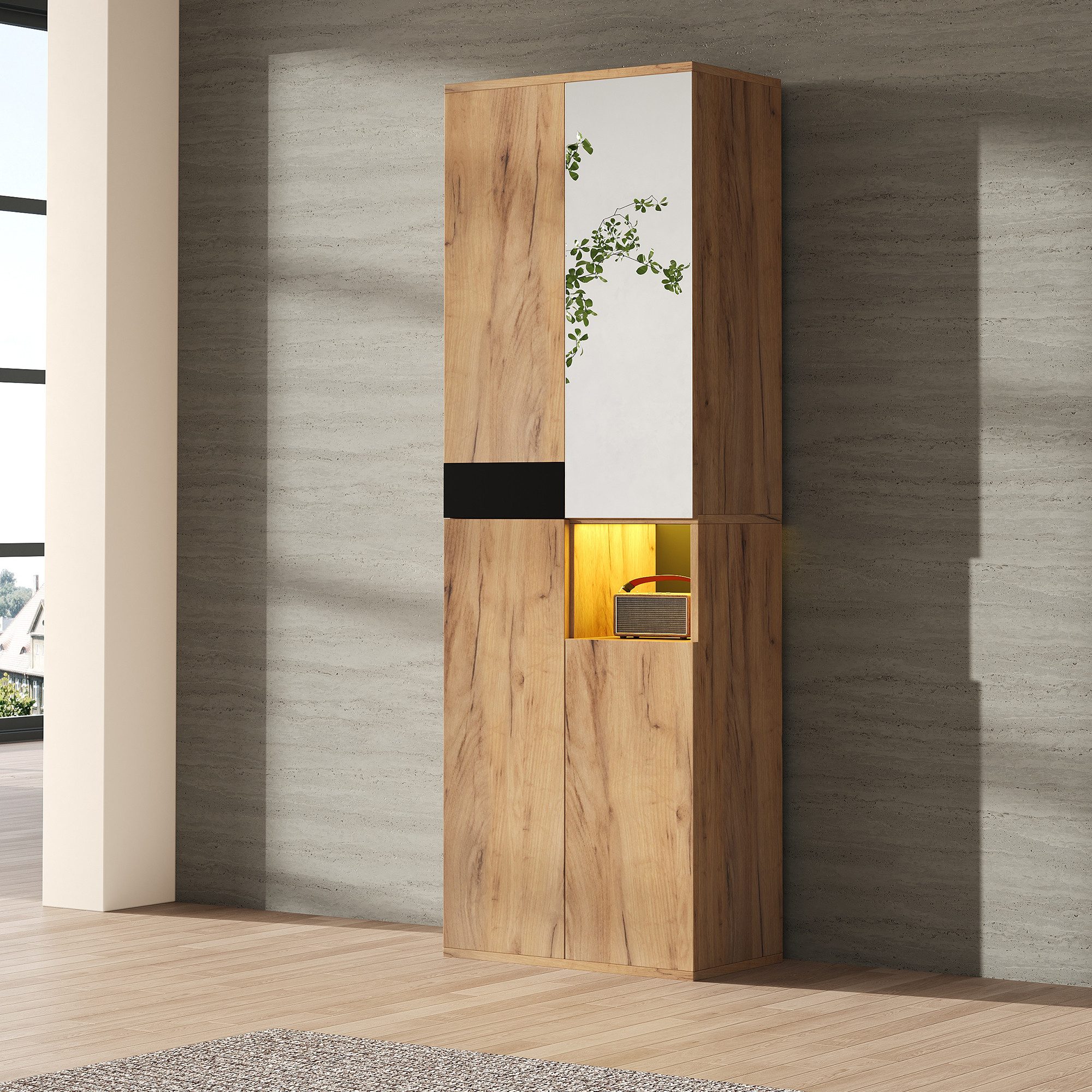 Flieks Hochschrank mit Spiegel und LED-Beleuchtung (1-St., B65/T35/H190 cm) Holzschrank Mehrzweckschrank Wohnzimmerschrank mit 12 Fächern