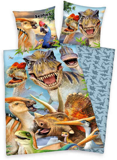 Kinderbettwäsche Selfies Dinosaurier, Renforcé, mit tollem Dinosaurier-Motiv