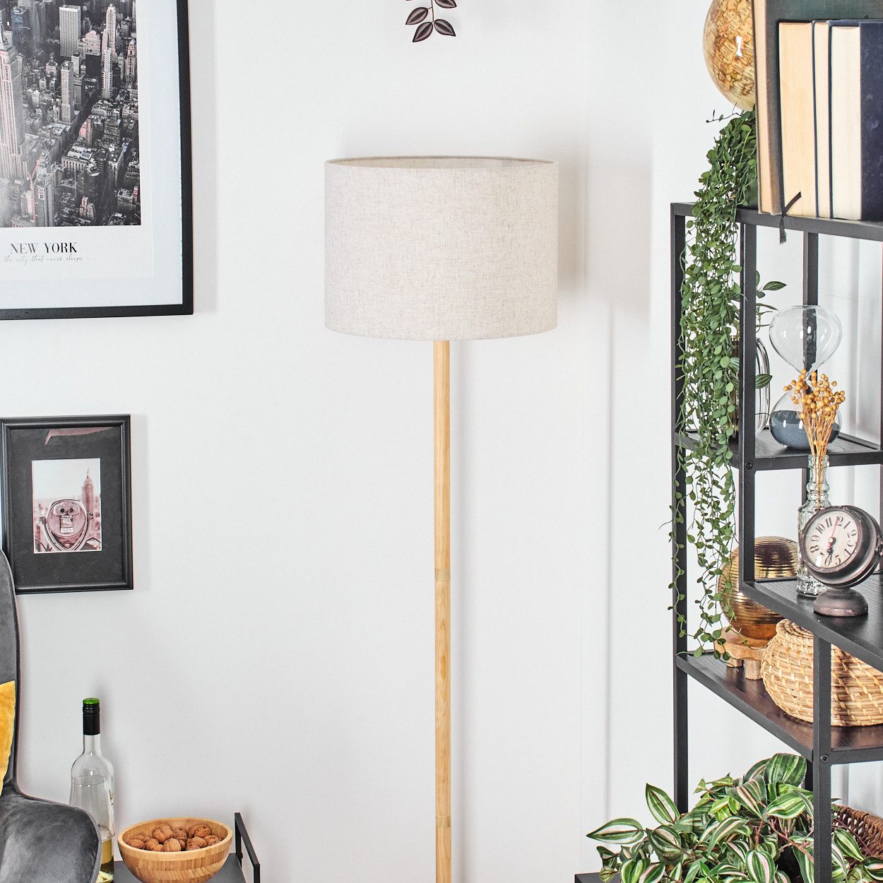 hofstein Stehlampe Stehlampe mit Holzfuß und Schirm aus Stoff, ohne Leuchtmittel, Boho-Style, skandinavisches Design (40 cm), Fußschalter, 1 x E27 – Bild 2 von 5