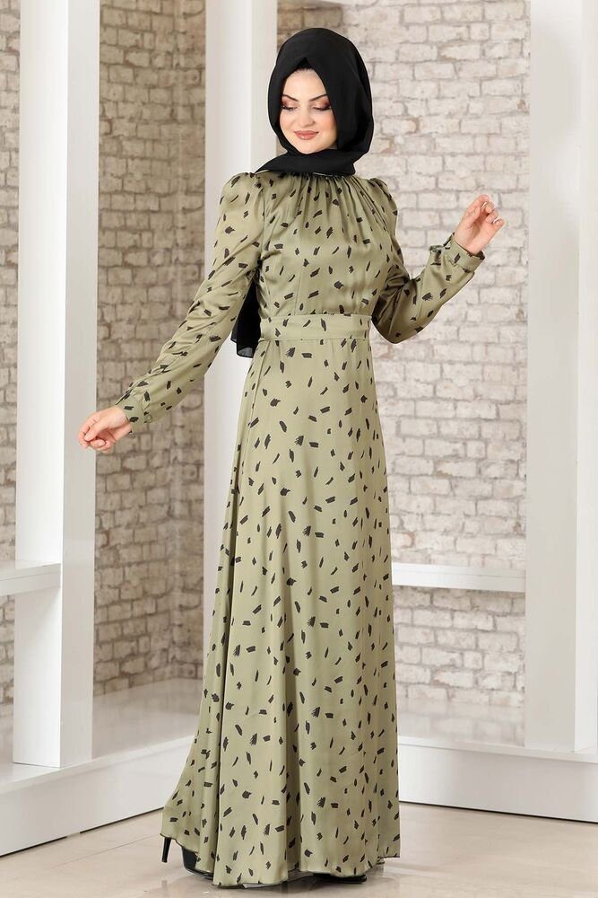 fashionshowcase Satinkleid Abendleid gemustert Hijab Mode Modest Fashion Abaya Stil Abnehmbarer Gürtel