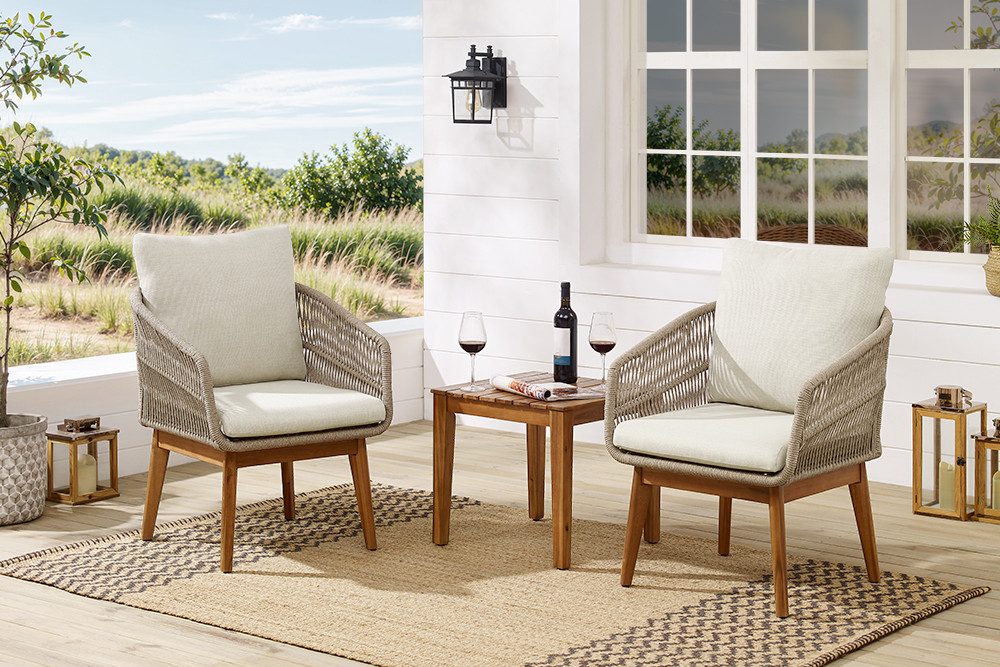 riess-ambiente Gartenlounge-Set ROPE natur taupe– Massivholz & Aluminium mit 2 Sesseln, Tisch & Kissen, (Set, 3-tlg), pflegeleichte Balkonmöbel, wetterfest, moderne Outdoor-Sitzgruppe