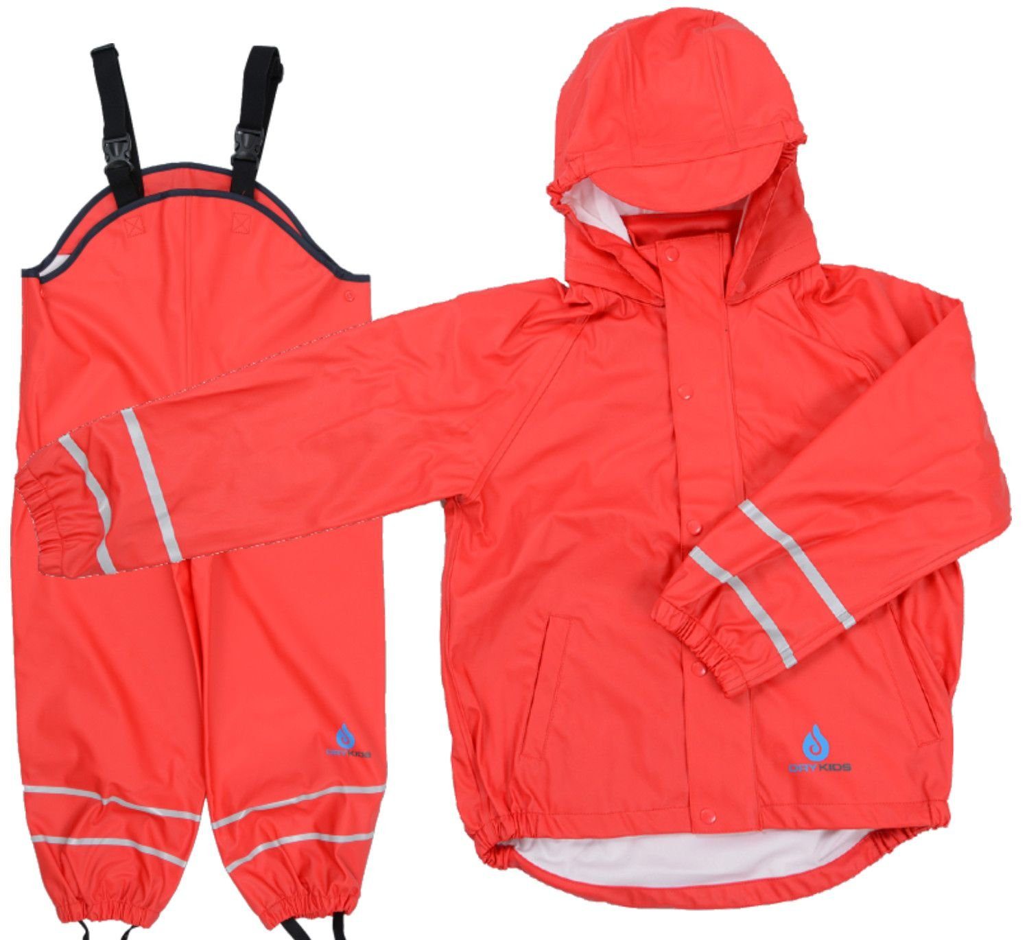 DRY KIDS Regenanzug (Set, 2-tlg), Wasserdichter Regenanzug für Kinder  Regenhose mit Hosenträger Regenjacke mit Kapuze reflektierende  Regenbekleidung Größe 134 - 140 Rot