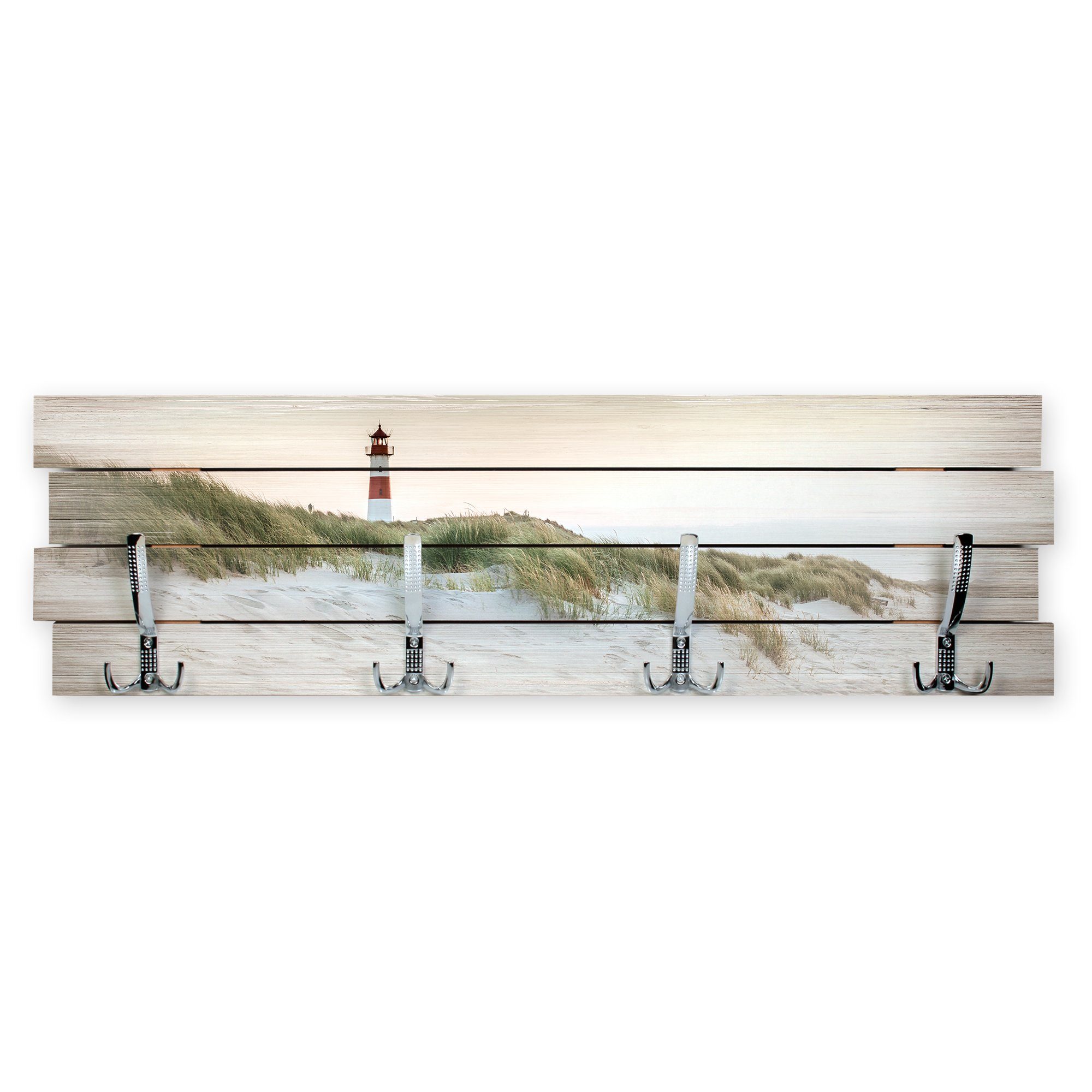 Kreative Feder Wandgarderobe Wandgarderobe "Leuchtturm" aus Holz, im Shabby-Chic-Design farbig bedruckt ca. 30x100cm 4 Doppel-Haken