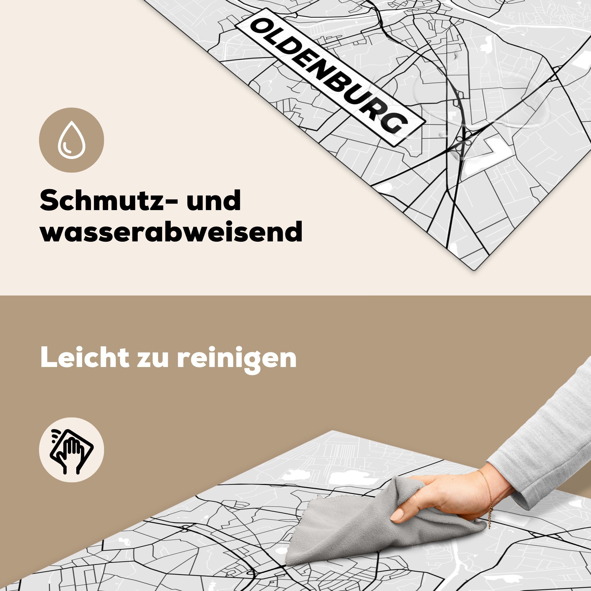 Oldenburg Herdblende-/Abdeckplatte Deutschland für - Karte, Karte 78x78 Arbeitsplatte - (1 Vinyl, tlg), cm, MuchoWow - Ceranfeldabdeckung, küche - Stadtplan