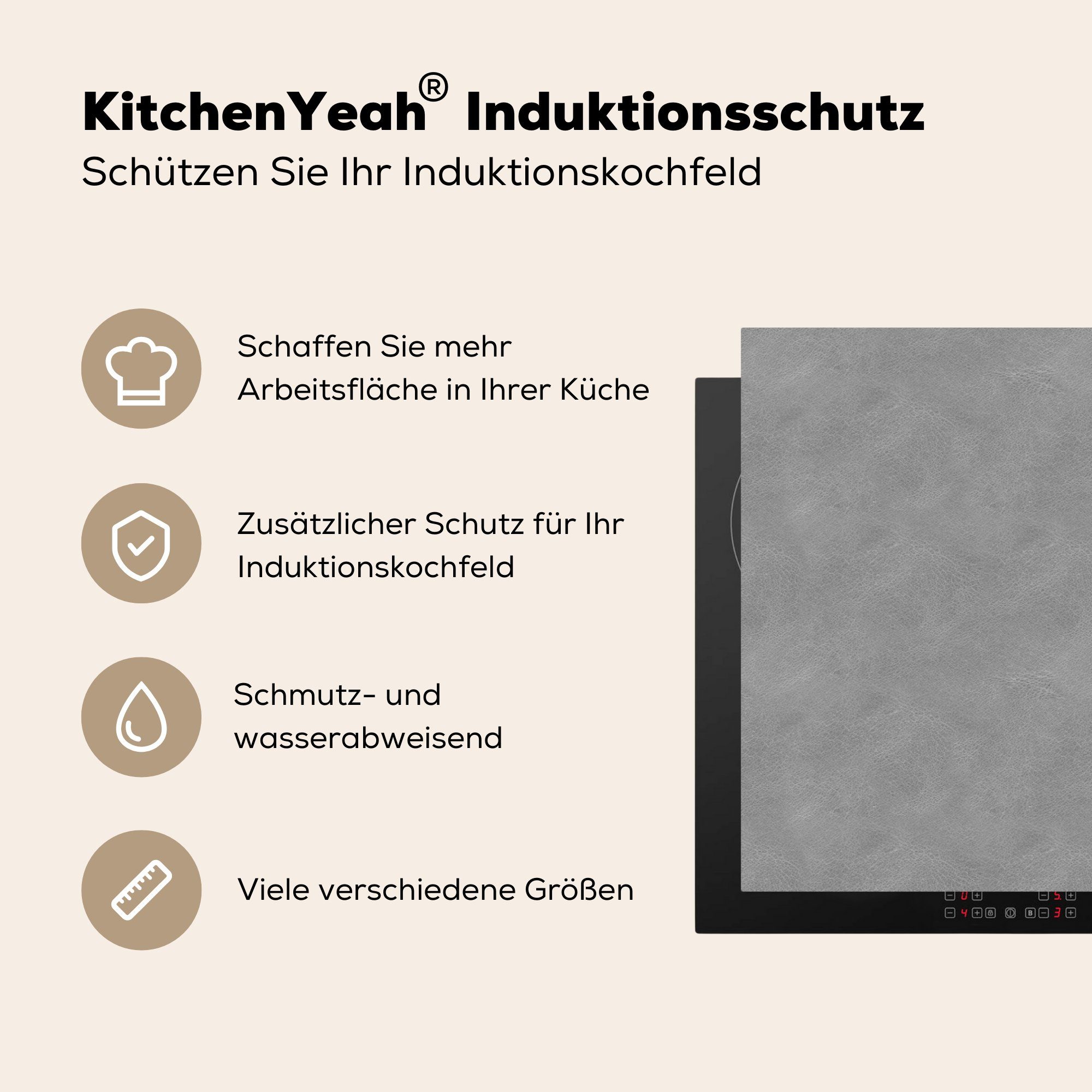 Induktionsschutz - Grau Induktionskochfeld (1 Ceranfeldabdeckung tlg), küche, 81x52 MuchoWow Vinyl, für - cm, die Leder Herdblende-/Abdeckplatte Schutz - Tiere,