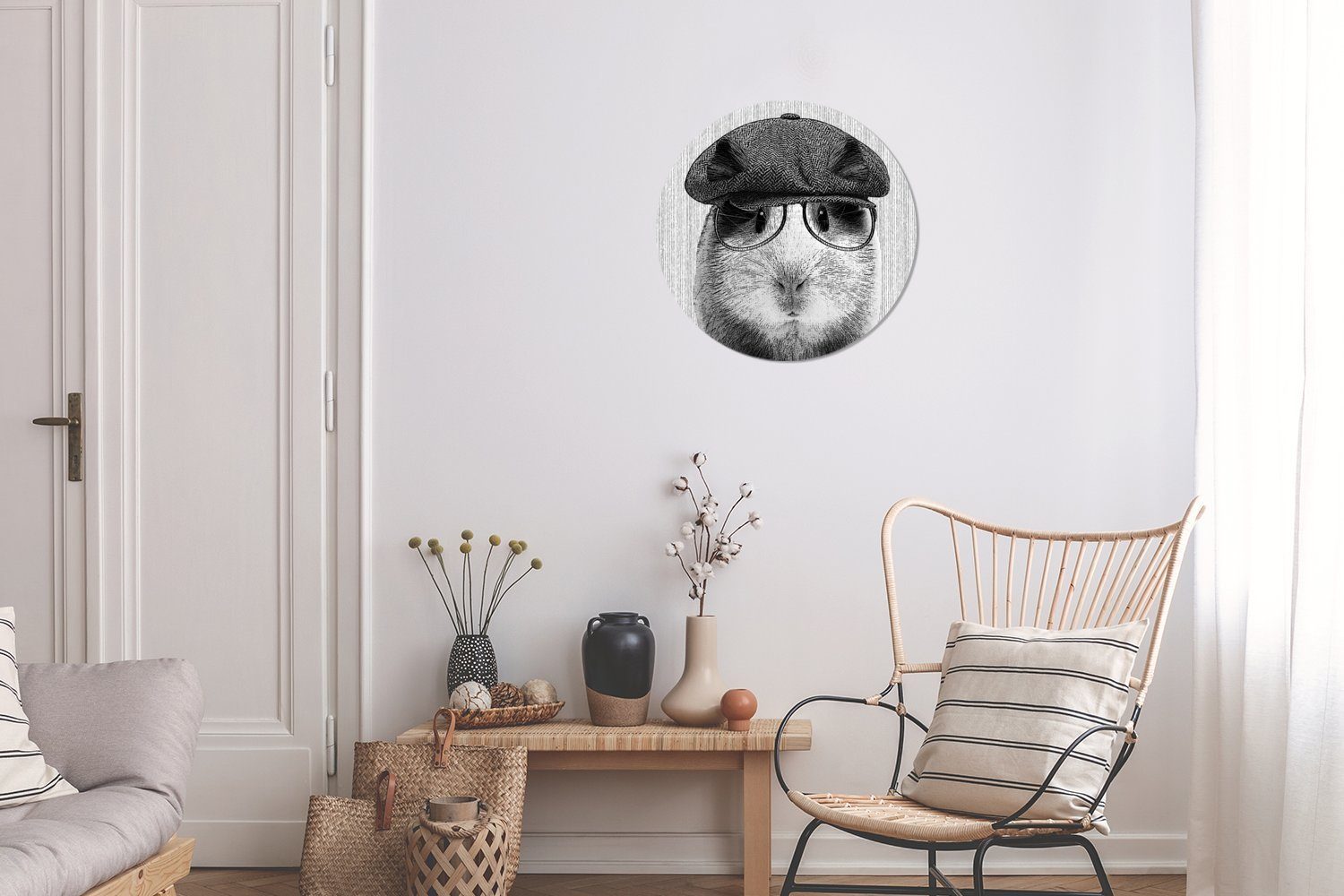 cm Kreis Baskenmütze Wanddekoration - Wohnzimmer, - (1 MuchoWow St), Hipster, Gemälde - Meerschweinchen Rundes Brille 30x30 Forex, Wandbild,