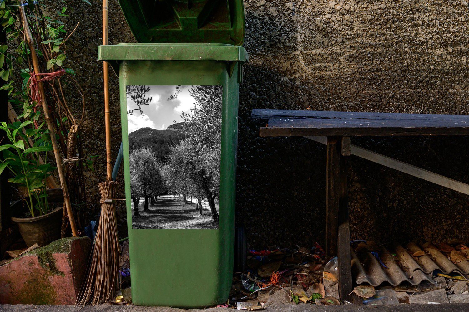 Eine Wandsticker schwarz Abfalbehälter italienischen Allee Container, MuchoWow Sticker, Mülleimer-aufkleber, St), weiß und von Olivenbäumen - (1 Mülltonne,
