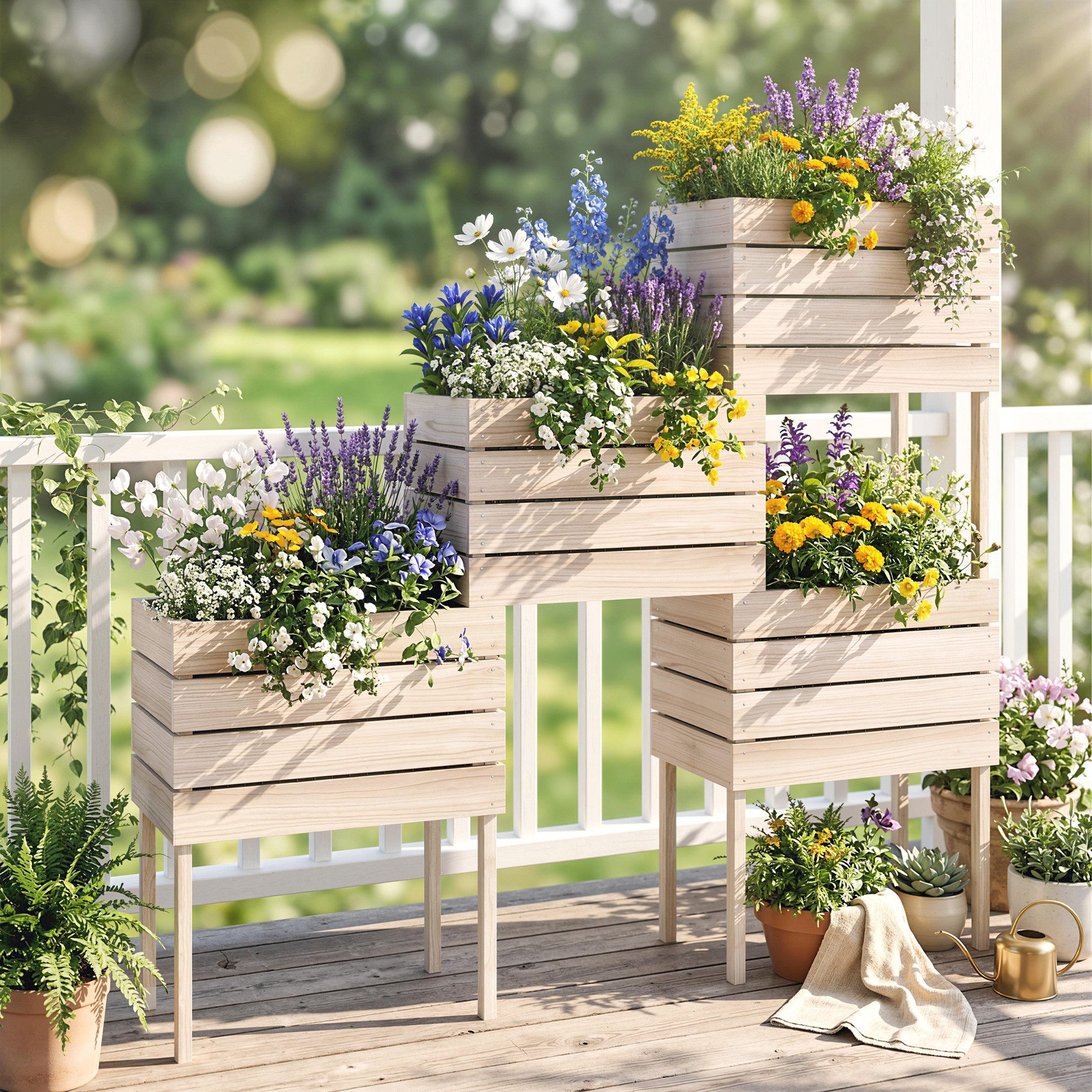 Outsunny Hochbeet Pflanzkübel aus Holz 4 Kombinationsmodi Natur (Blumenkasten, 4 St., Pflanzkasten), für Garten, Balkon, für Garten, Balkon