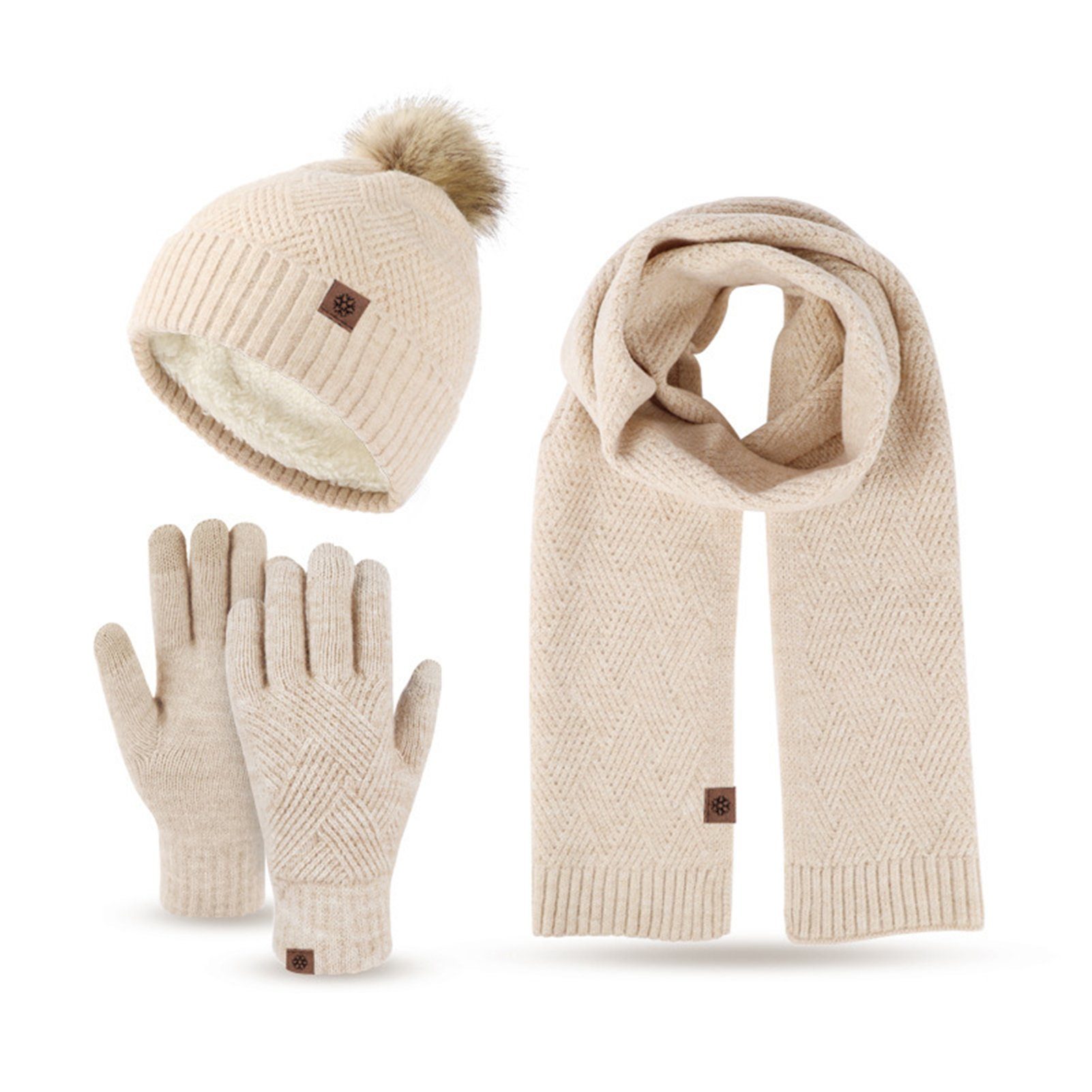 Handschuh 1 Lang Winter Schal in Set) Und MüTze Rutaqian Set Beanie 3 Beanie StrickmüTze (kältebeständiges, Handschuhe Warm Damen Damen für Fleece-Set, warmes Schal