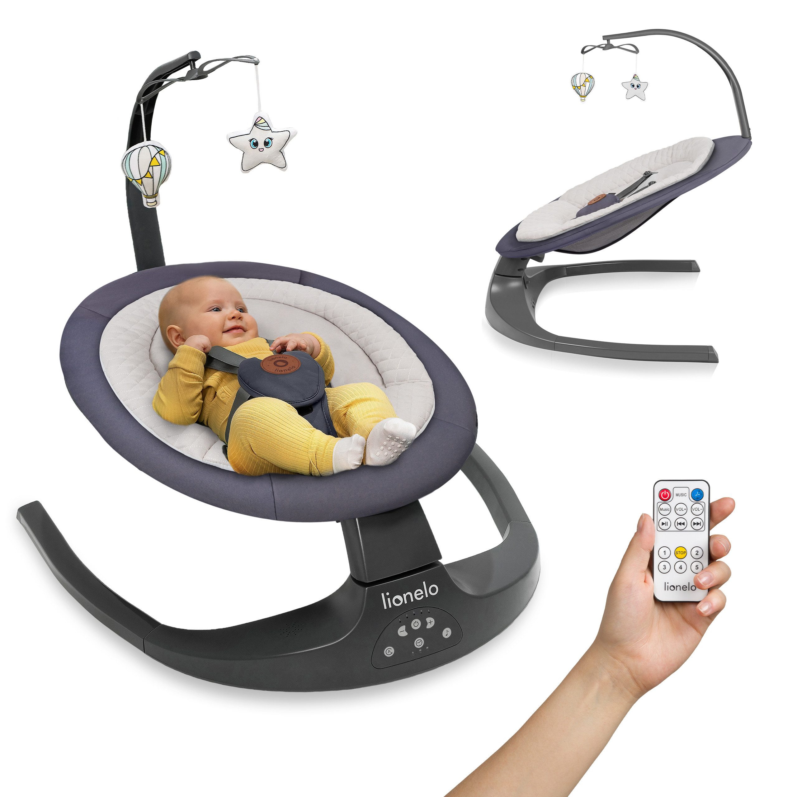 lionelo Babywippe RALF, 2in1/Bewegungssensor/5 Stufen/12 Melodien/Timer