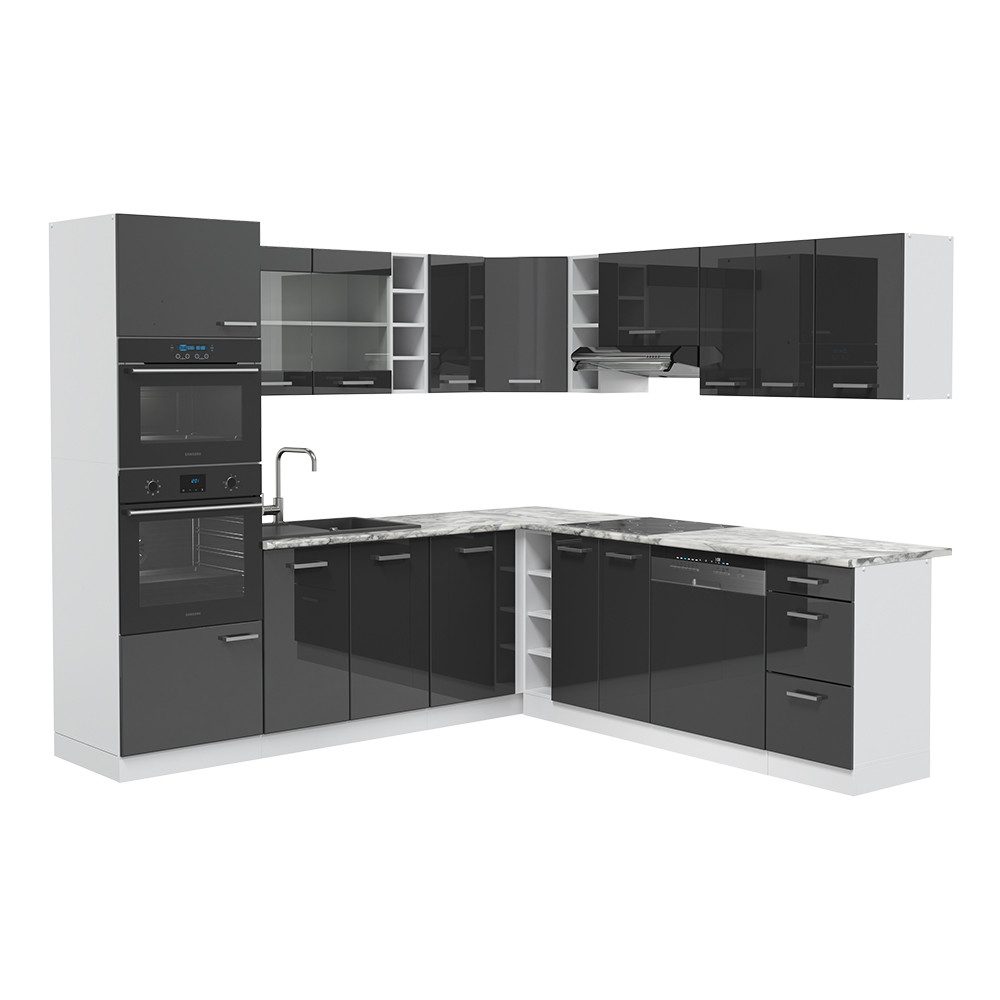 Front: Anthrazit Hochglanz | Arbeitsplatte: Marmor