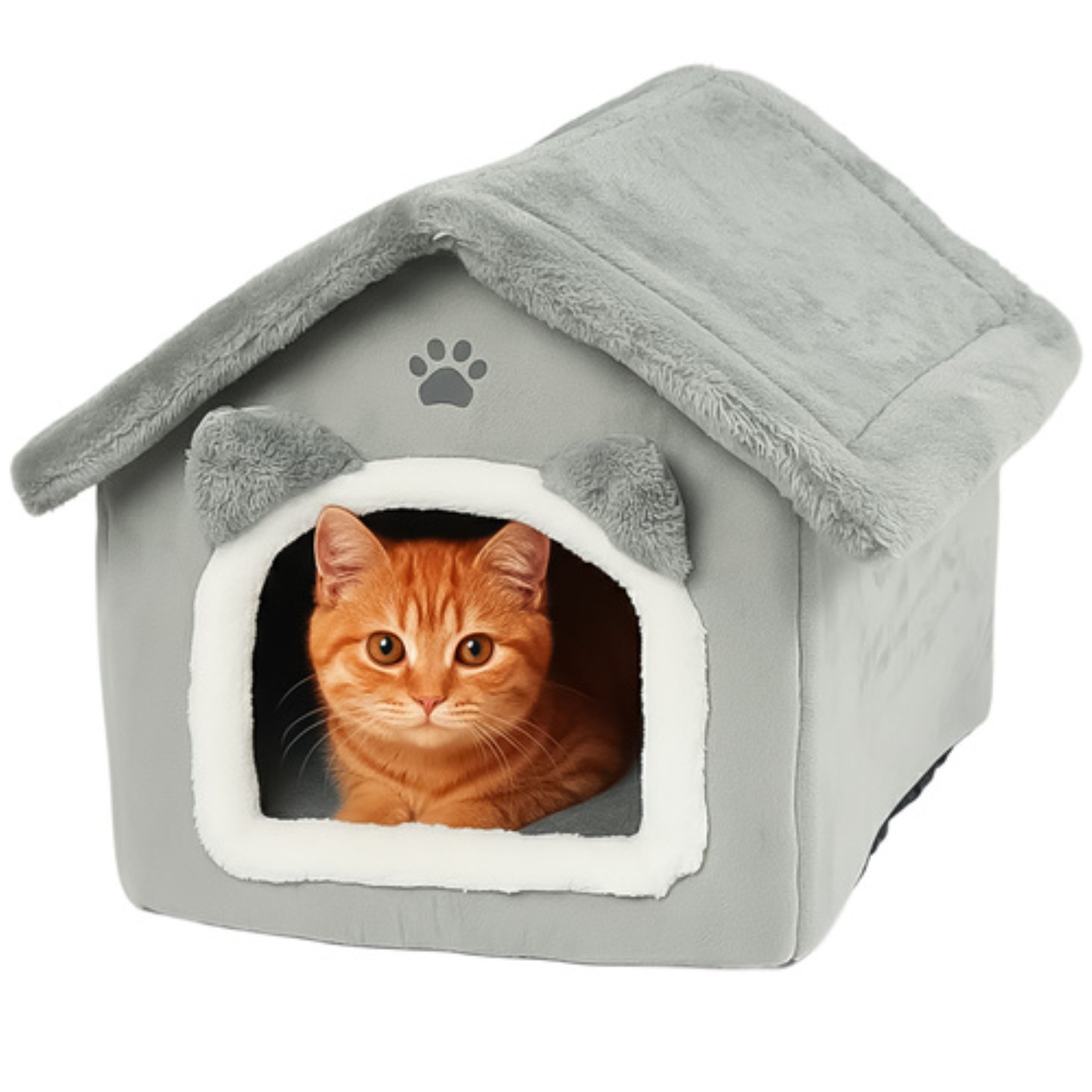 Purlov Katzenzelt Katzenbett Haus grau mit Kissen und Reißverschlussdach aus Plüsch, Hausform mit Baldachin geschützter Rückzugsort