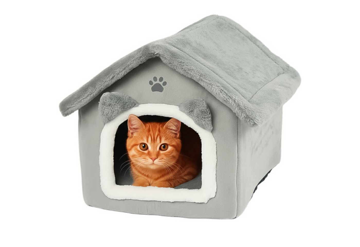 Purlov Katzenzelt Katzenbett Haus grau mit Kissen und Reißverschlussdach aus Plüsch, Hausform mit Baldachin geschützter Rückzugsort