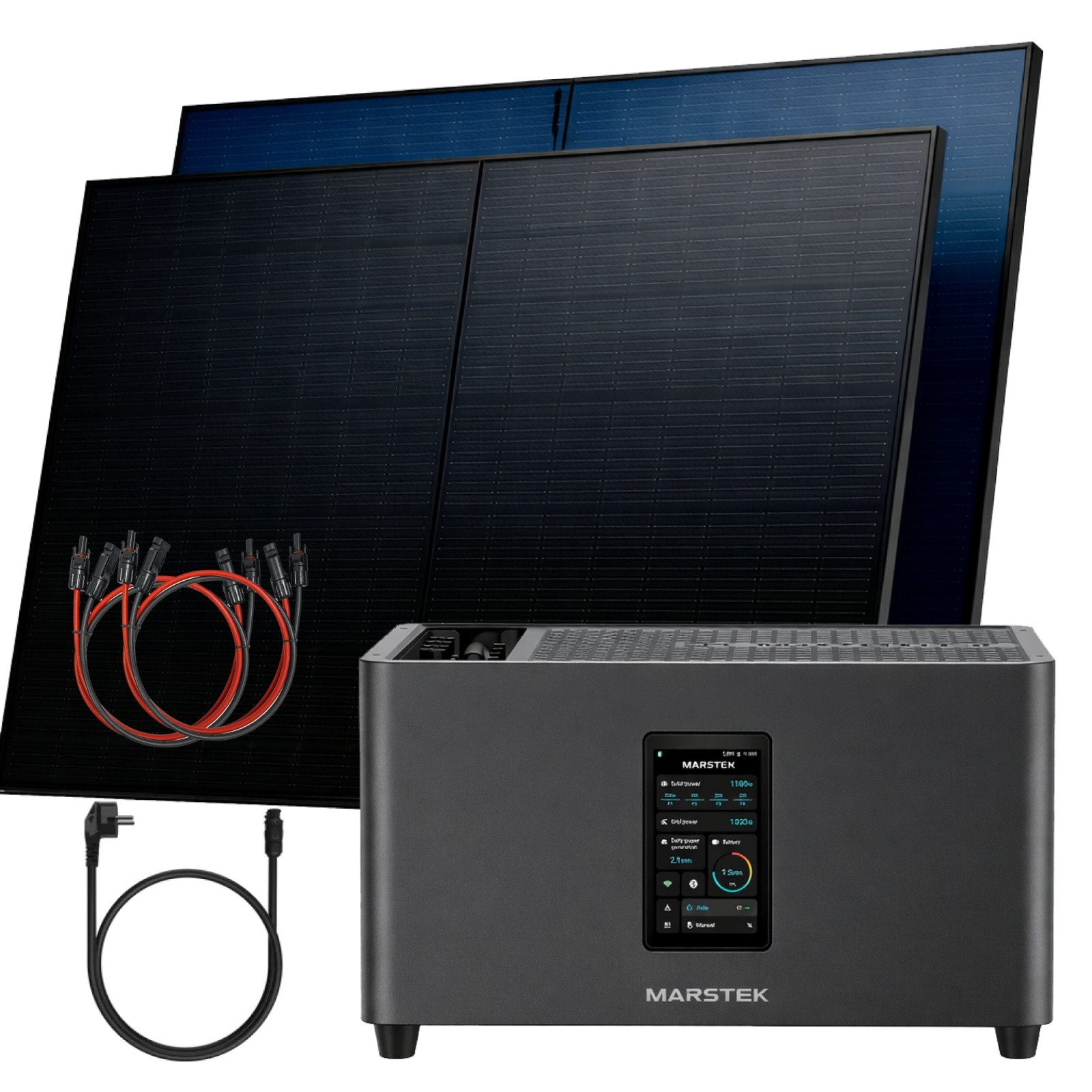 SUNNIVA Balkonkraftwerk 1000W mit 2,56 kWh Speicher MARSTEK Jupiter C + Plus, (BIFAZIAL FULLBLACK komplett Steckdose, PV Solaranlage Komplettset mit Solarspeicher, 2x 500W N-Type Glas-Bifacial PV)
