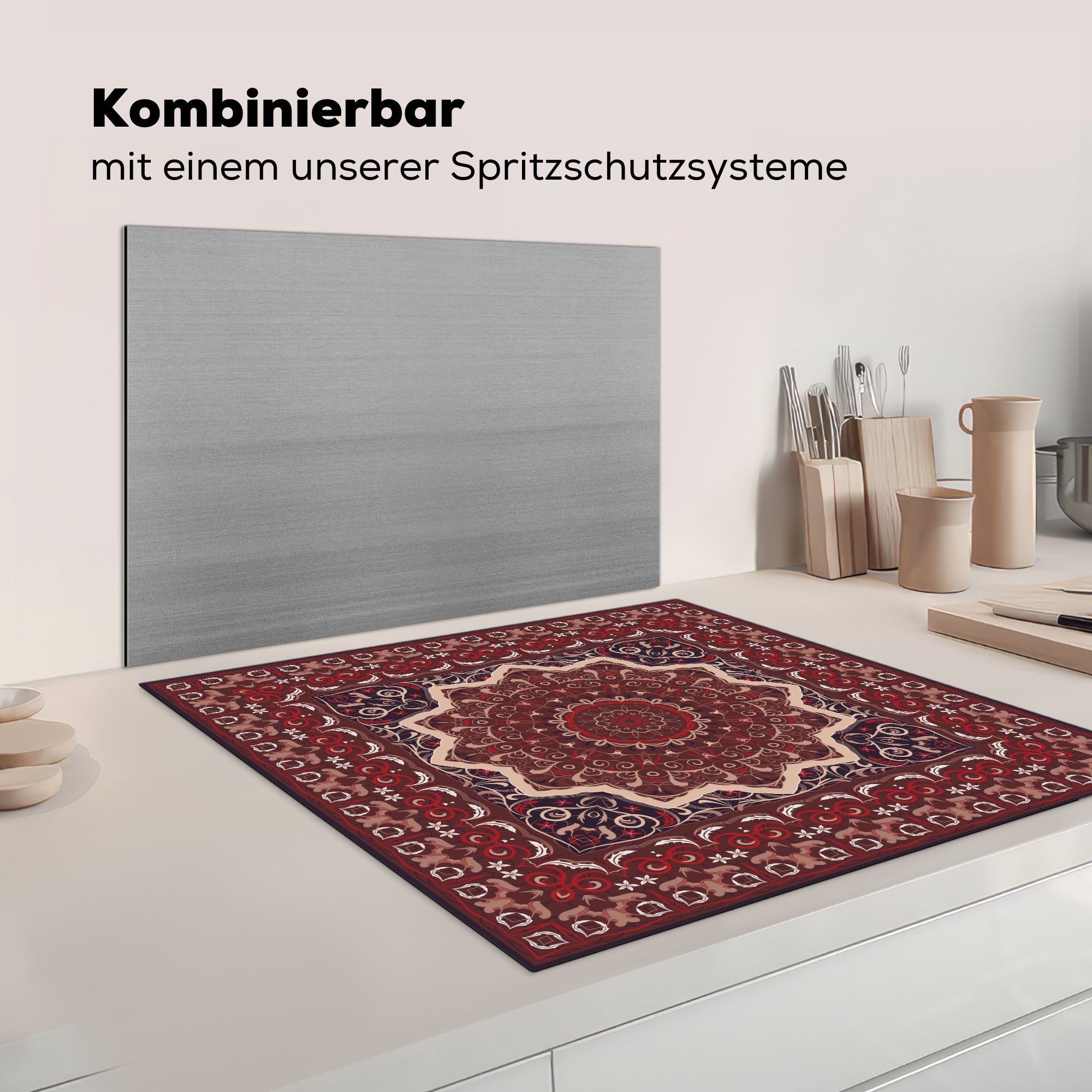 Arbeitsplatte - Teppich tlg), Persischer (1 cm, 78x78 MuchoWow Mandala Vinyl, für - Herdblende-/Abdeckplatte Ceranfeldabdeckung, küche Rot,