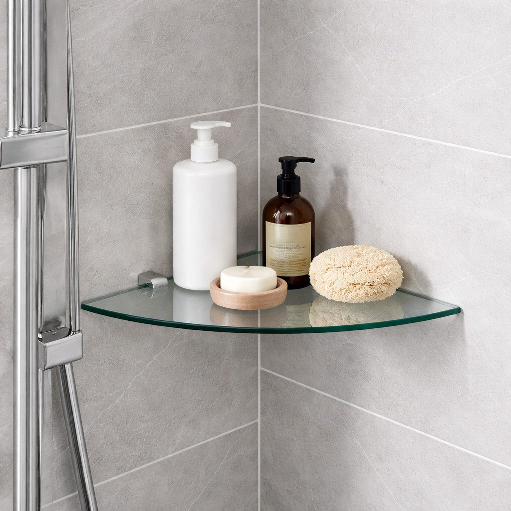 HOOZ Eckregal Glasregal Eckablage ESG – 6 mm, abgerundetes Duschregal mit Halterung, Wandregal, Platzsparende Glasablage für Dusche, Bad, Küche oder Wohnraum