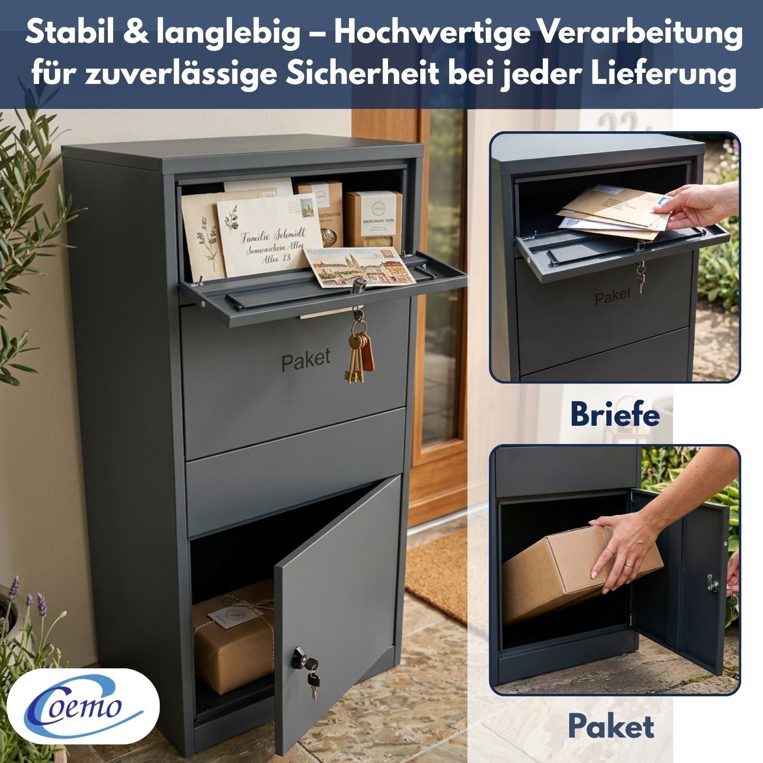 Coemo Standbriefkasten, mit Paketbox Anthrazit Postbox Paketsafe Diebstahlschutz